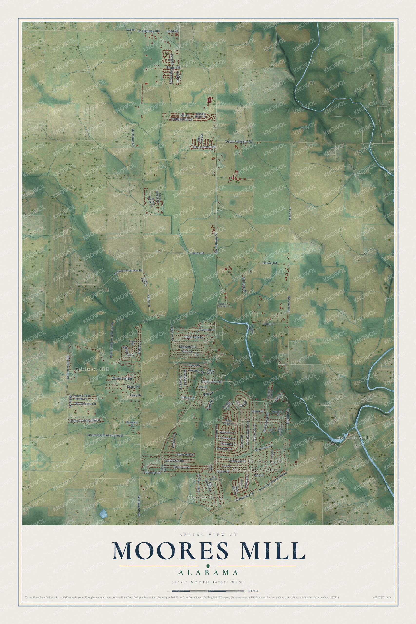 Full map of Moores Mill, Alabama, with red buildings, printed street names and the land around them