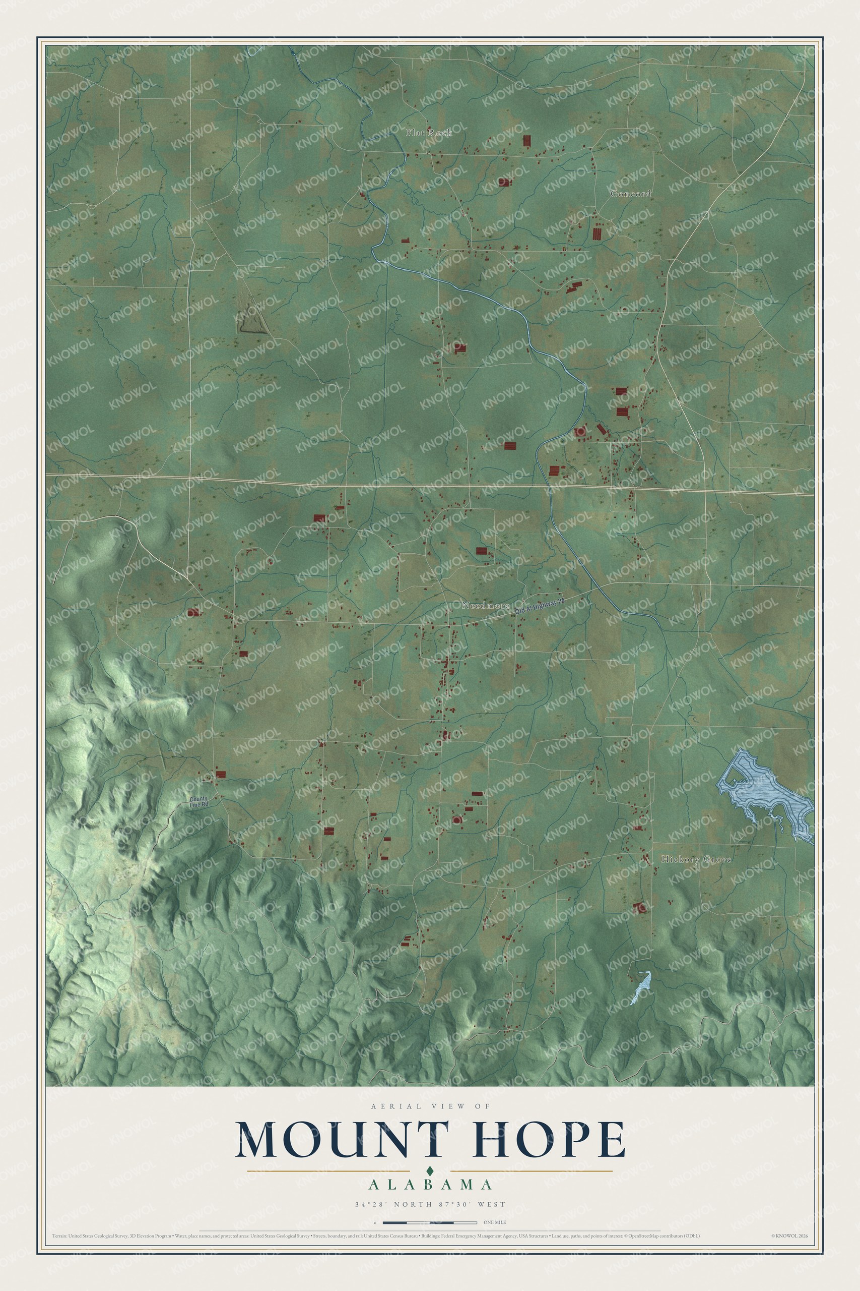 Full map of Mount Hope, Alabama, with red buildings, printed street names and the land around them