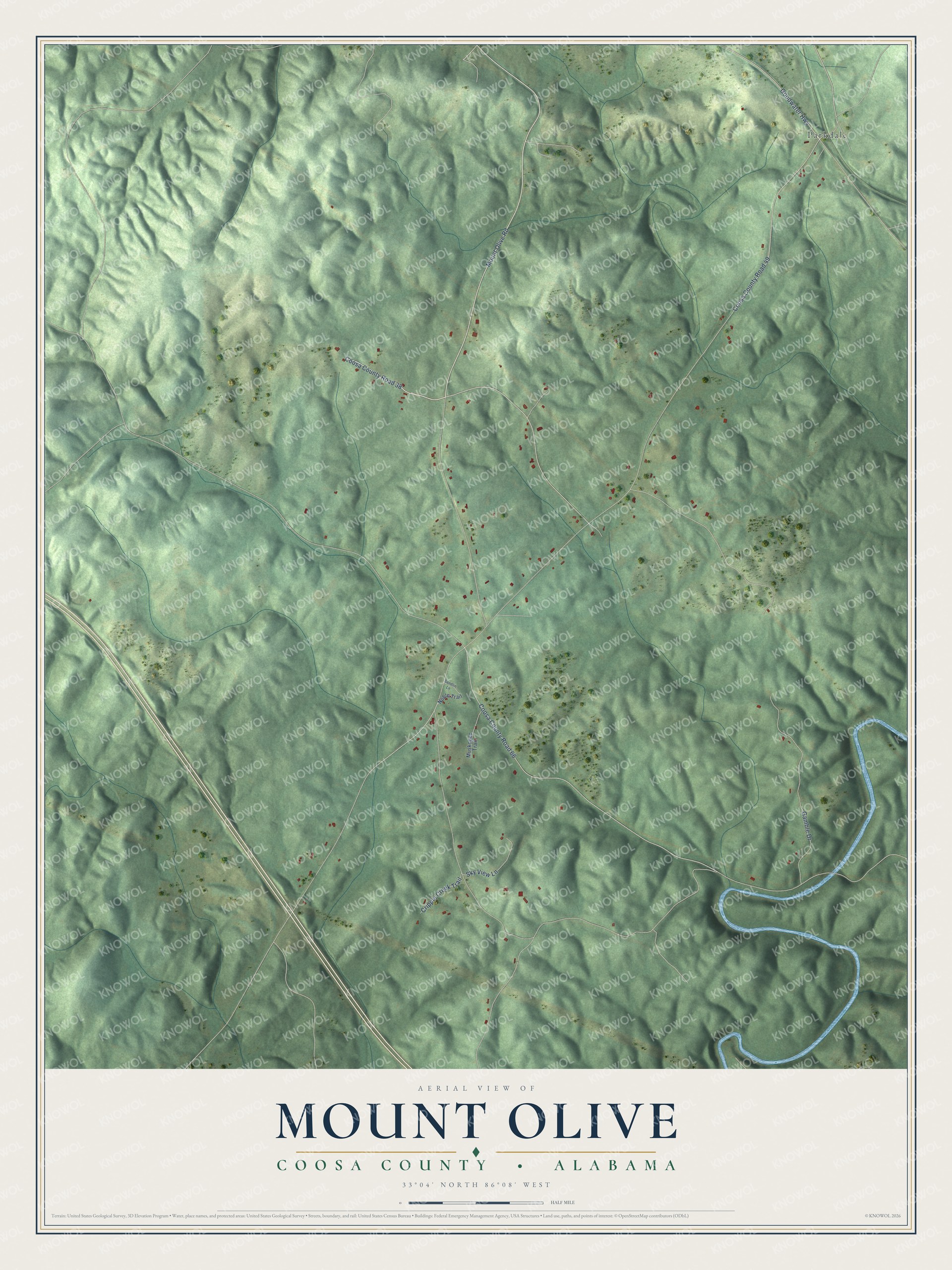 Full map of Mount Olive, Alabama, with red buildings, printed street names and the land around them