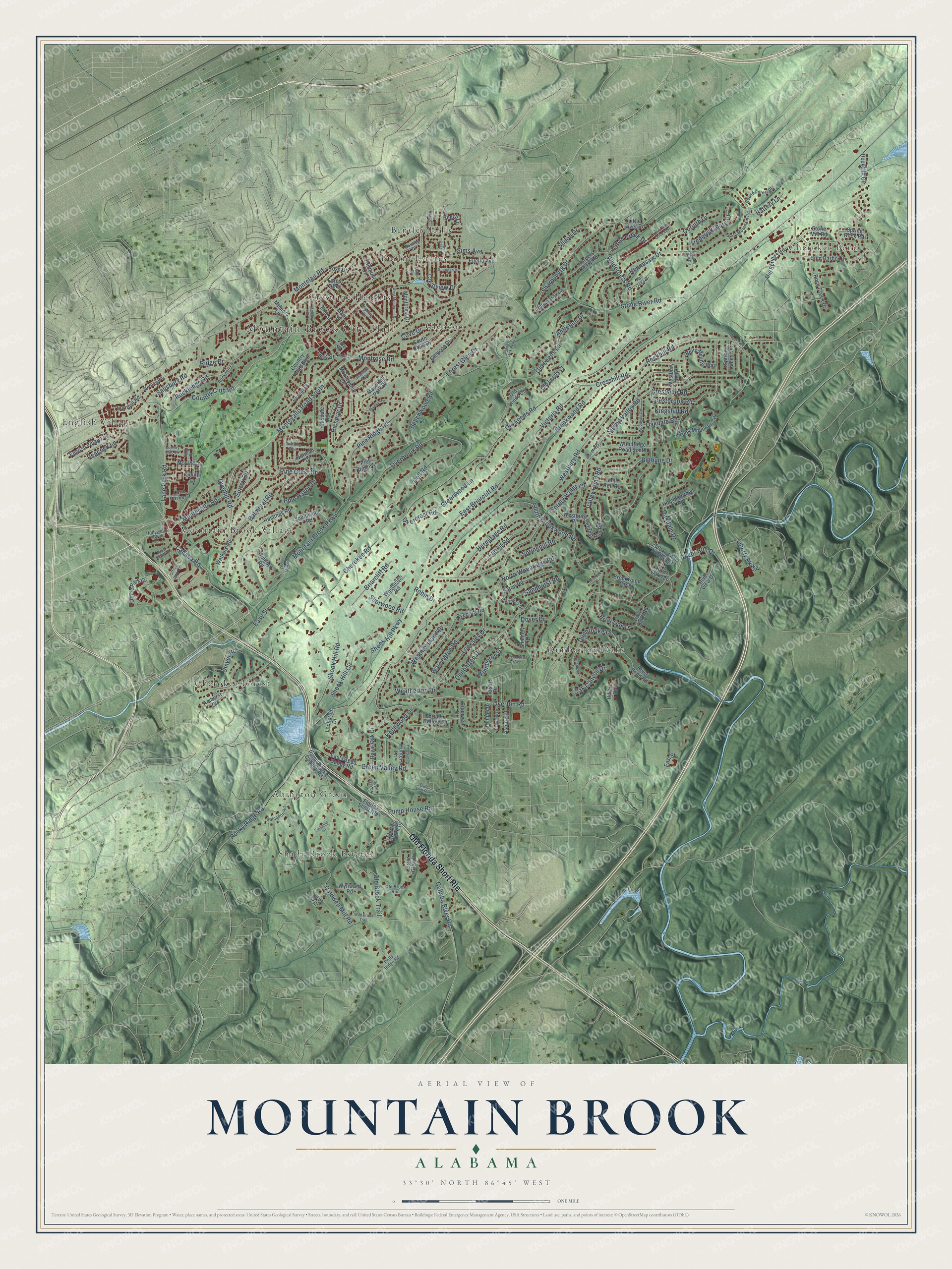 Full map of Mountain Brook, Alabama, with red buildings, printed street names and the land around them