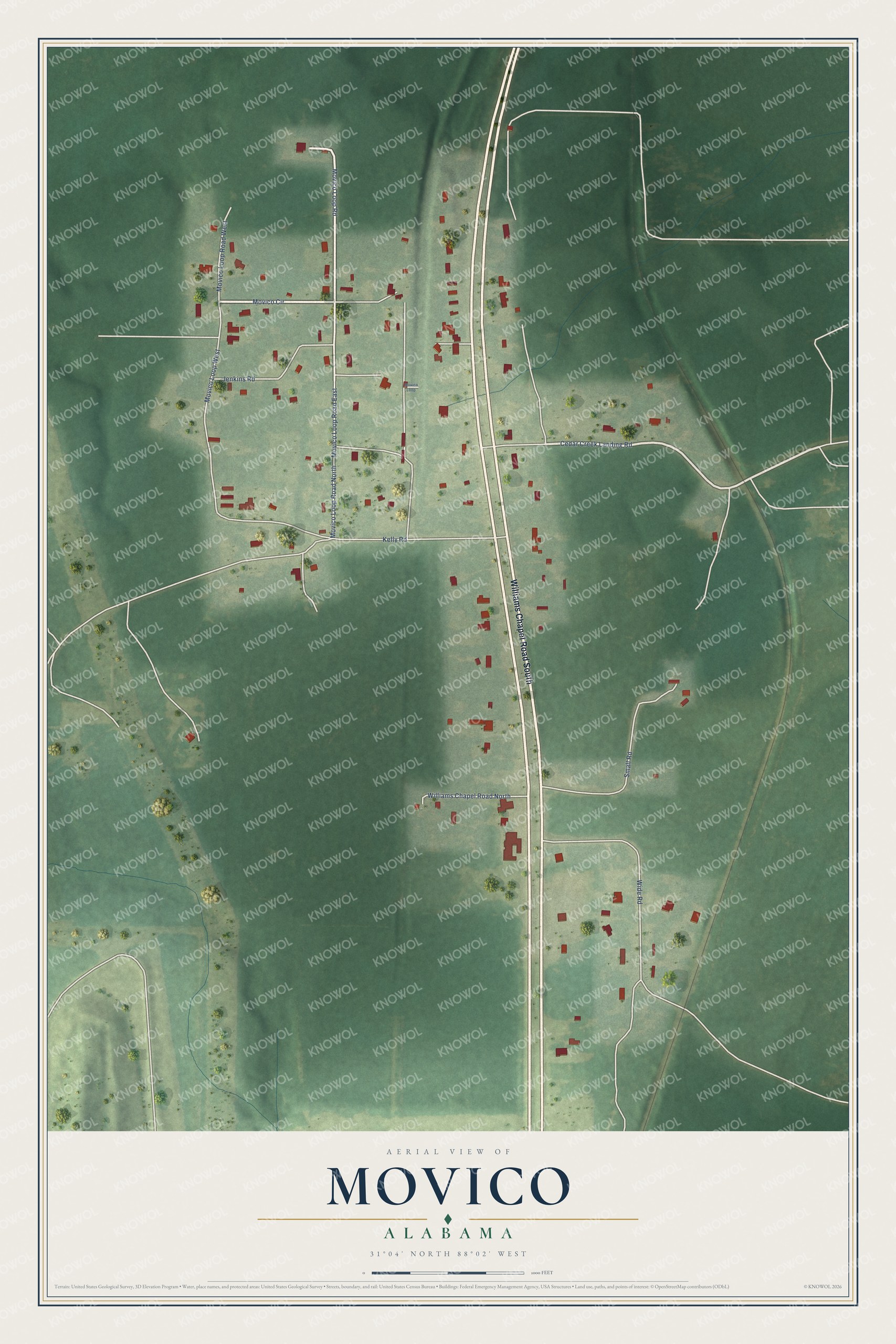Full map of Movico, Alabama, with red buildings, printed street names and the land around them
