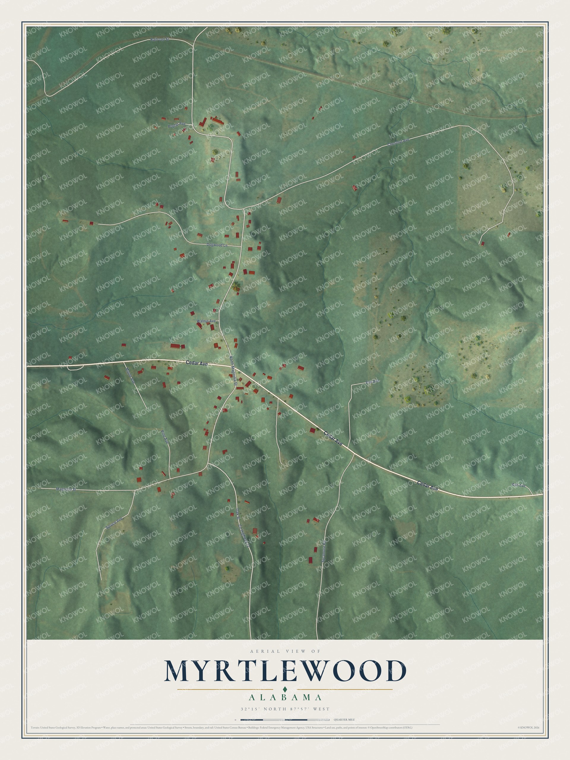 Full map of Myrtlewood, Alabama, with red buildings, printed street names and the land around them