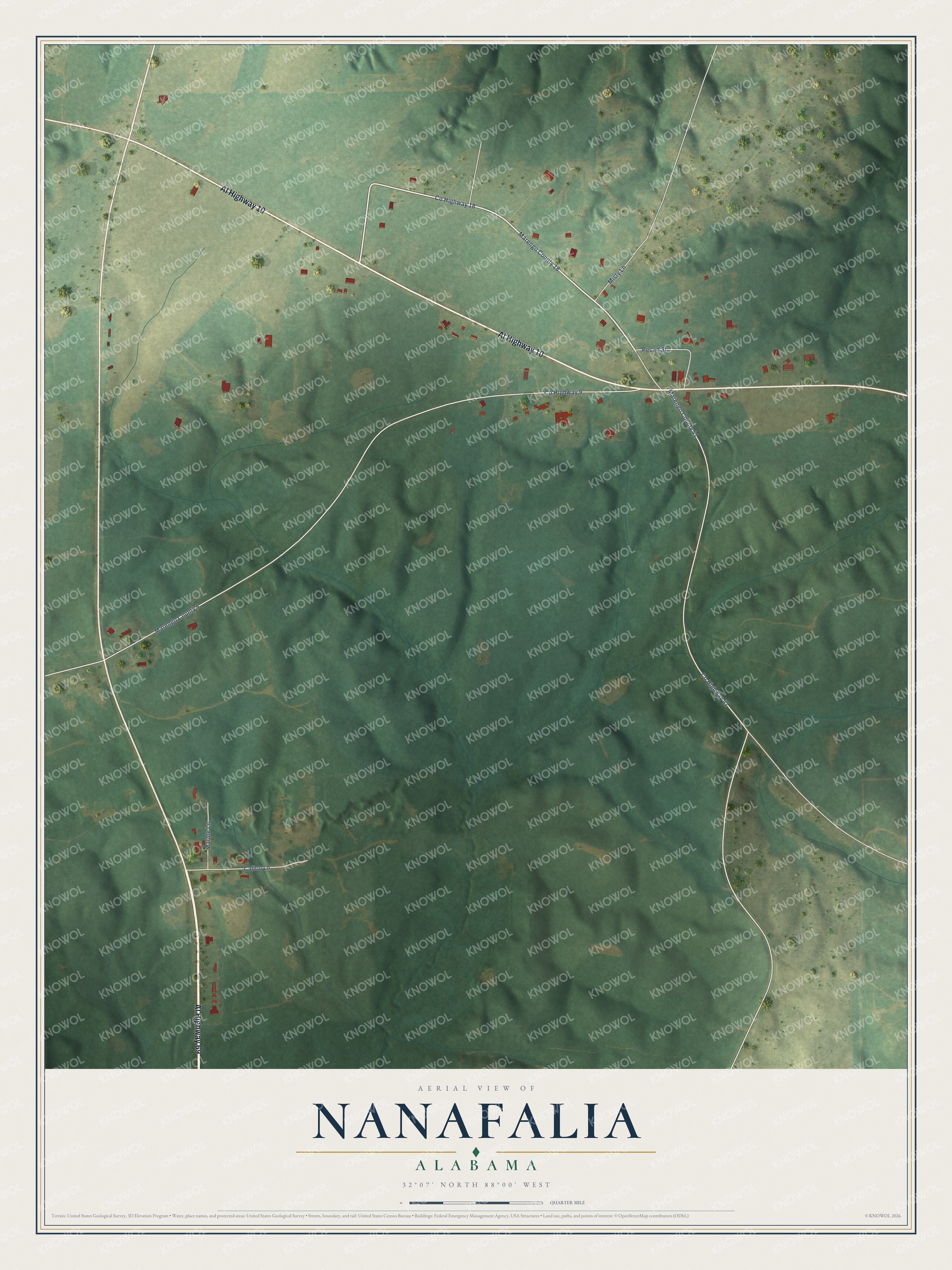 Full map of Nanafalia, Alabama, with red buildings, printed street names and the land around them
