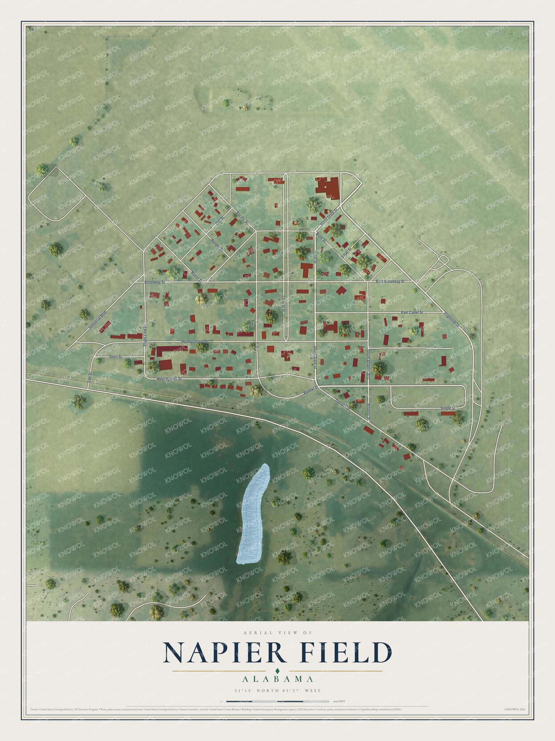 Full map of Napier Field, Alabama, with red buildings, printed street names and the land around them