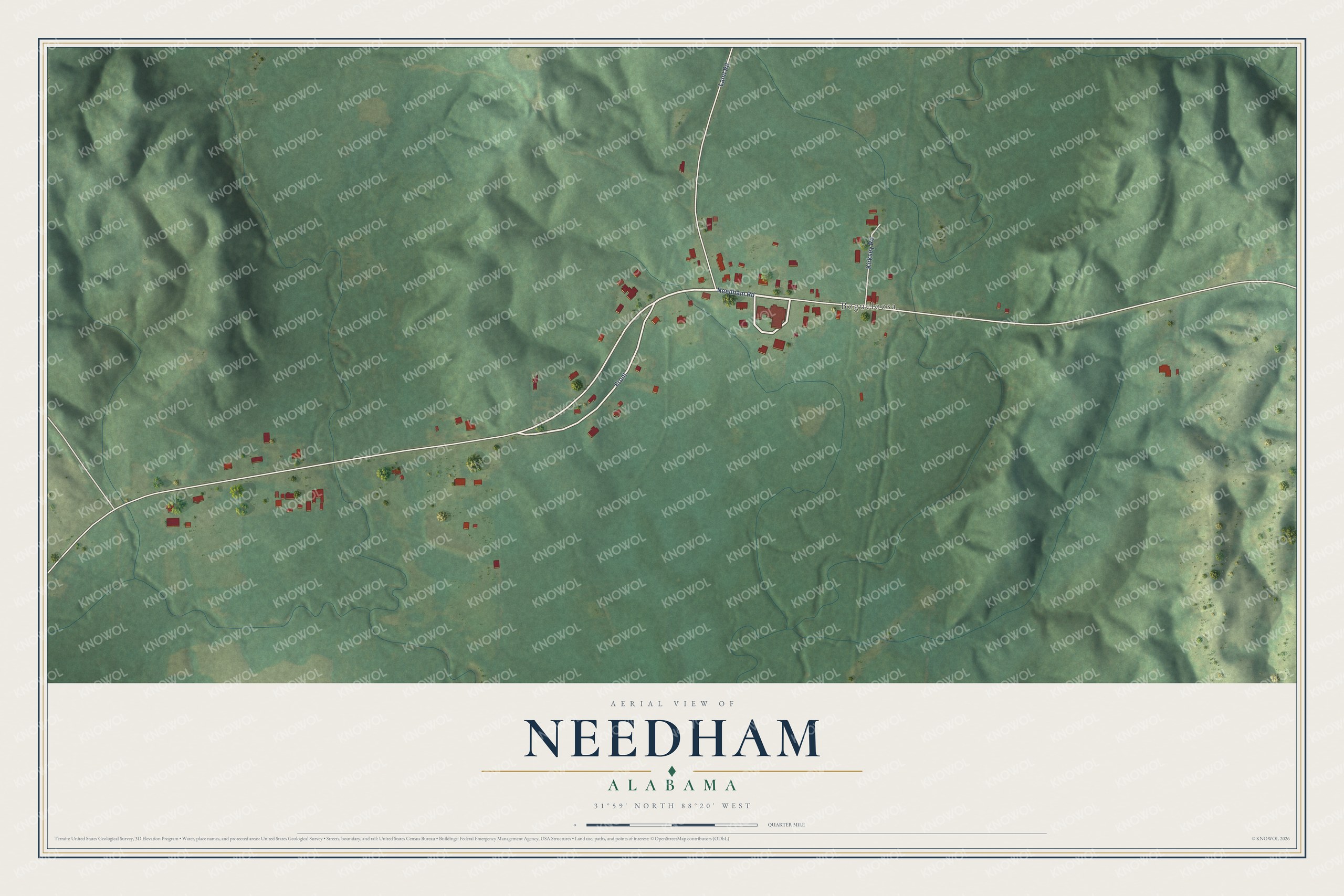 Full map of Needham, Alabama, with red buildings, printed street names and the land around them