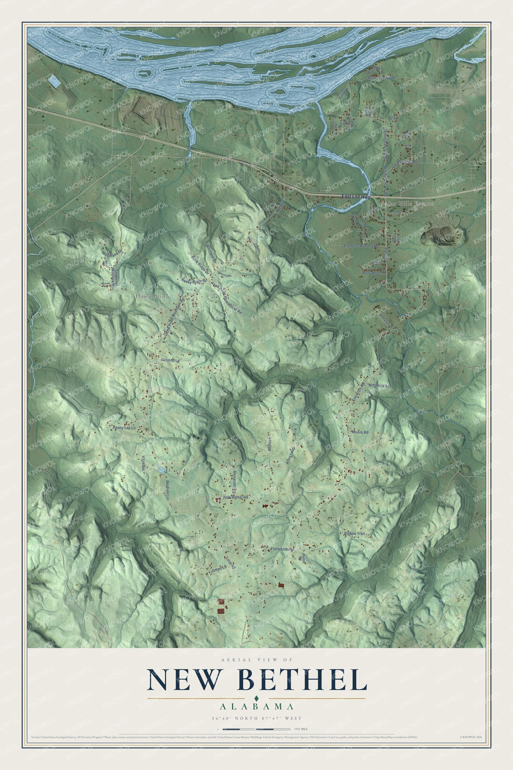 Full map of New Bethel, Alabama, with red buildings, printed street names and the land around them