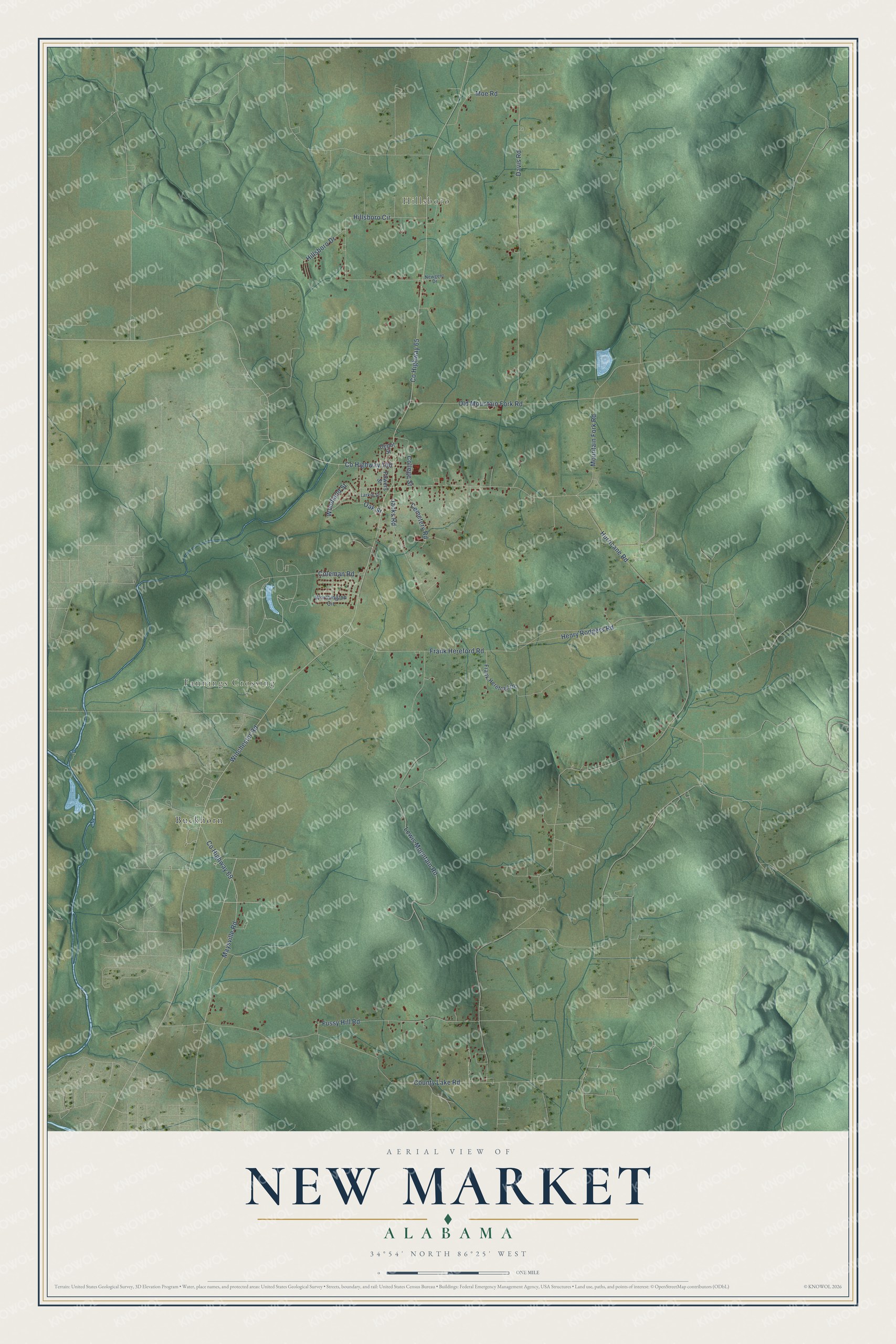 Full map of New Market, Alabama, with red buildings, printed street names and the land around them