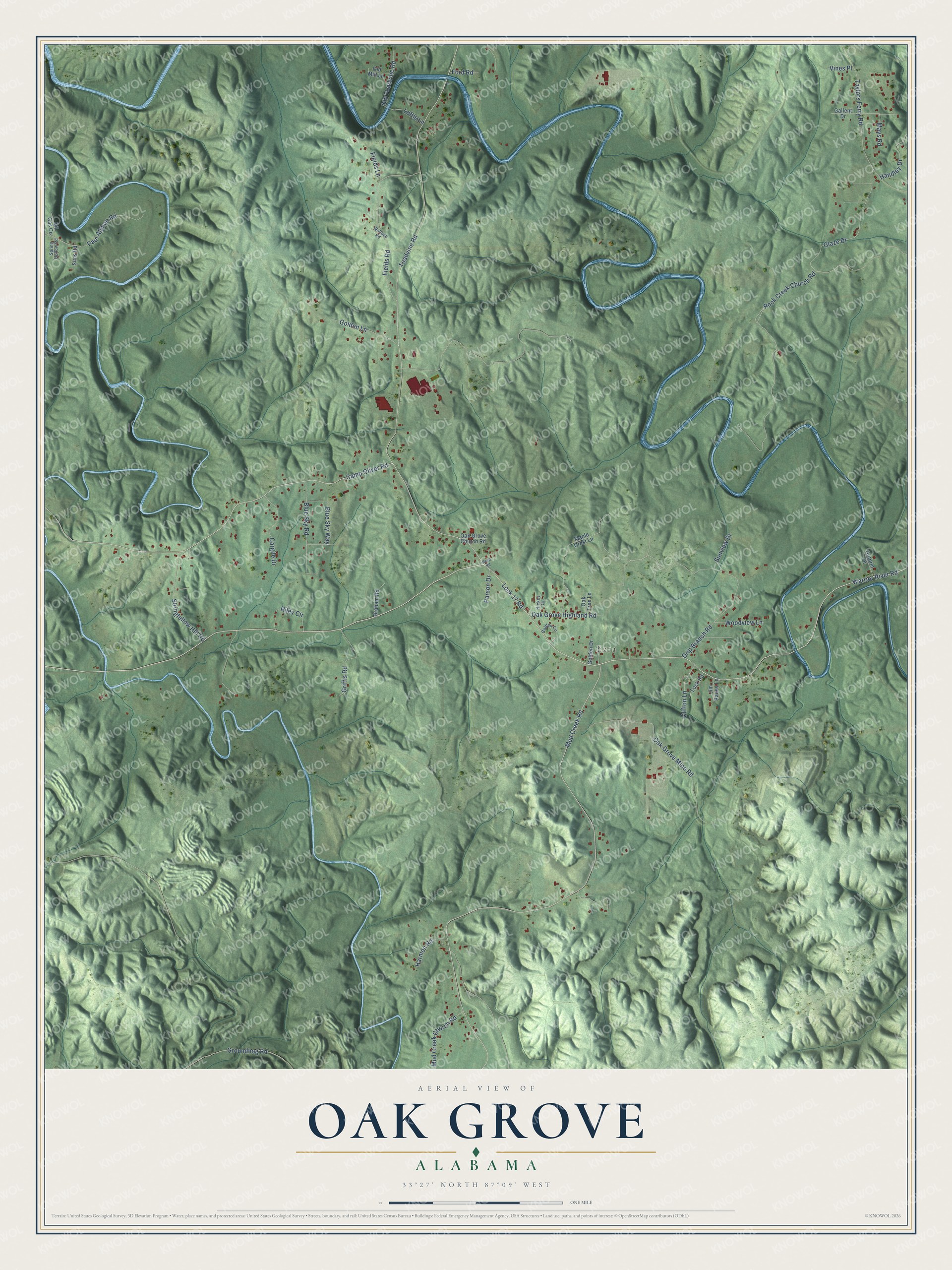 Full map of Oak Grove, Alabama, with red buildings, printed street names and the land around them