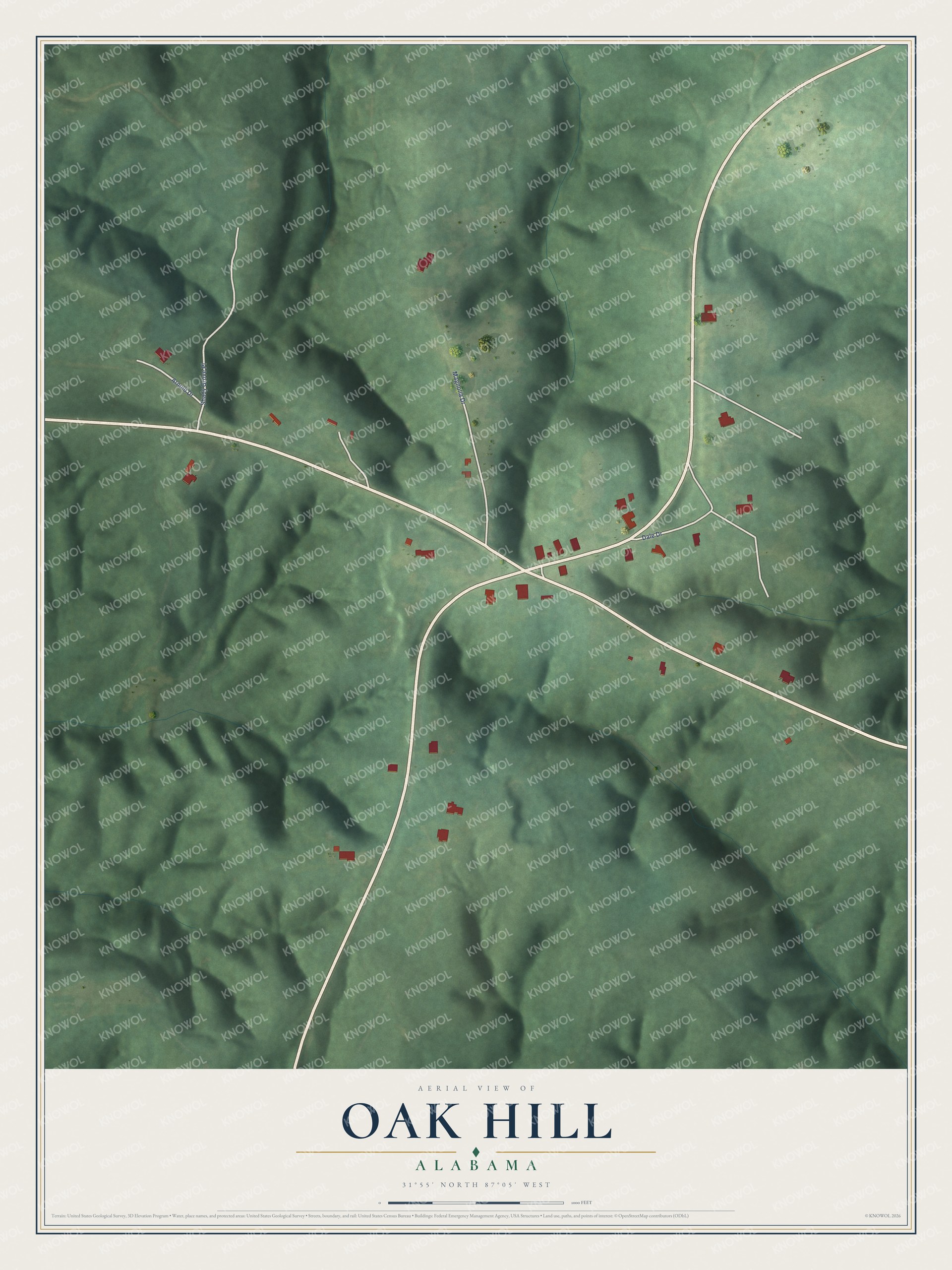 Full map of Oak Hill, Alabama, with red buildings, printed street names and the land around them