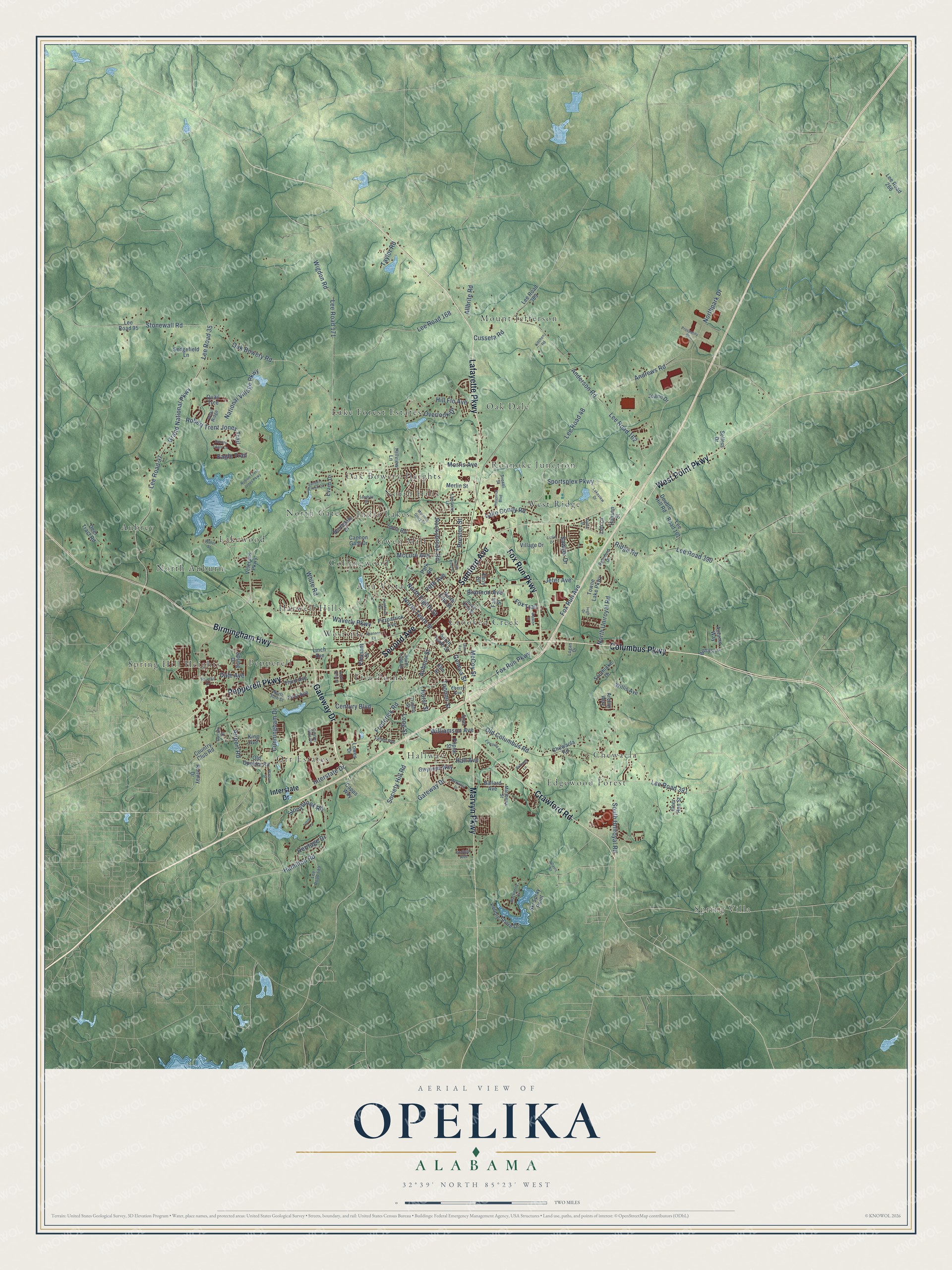 Full map of Opelika, Alabama, with red buildings, printed street names and the land around them