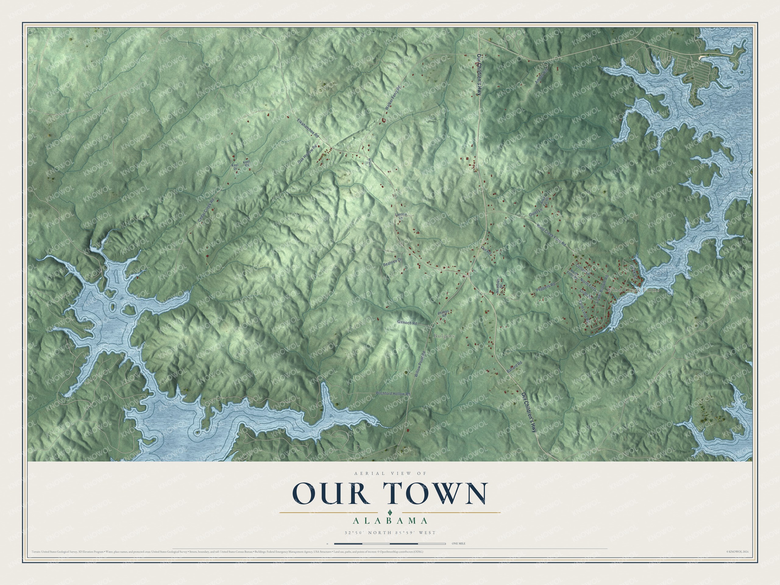 Full map of Our Town, Alabama, with red buildings, printed street names and the land around them