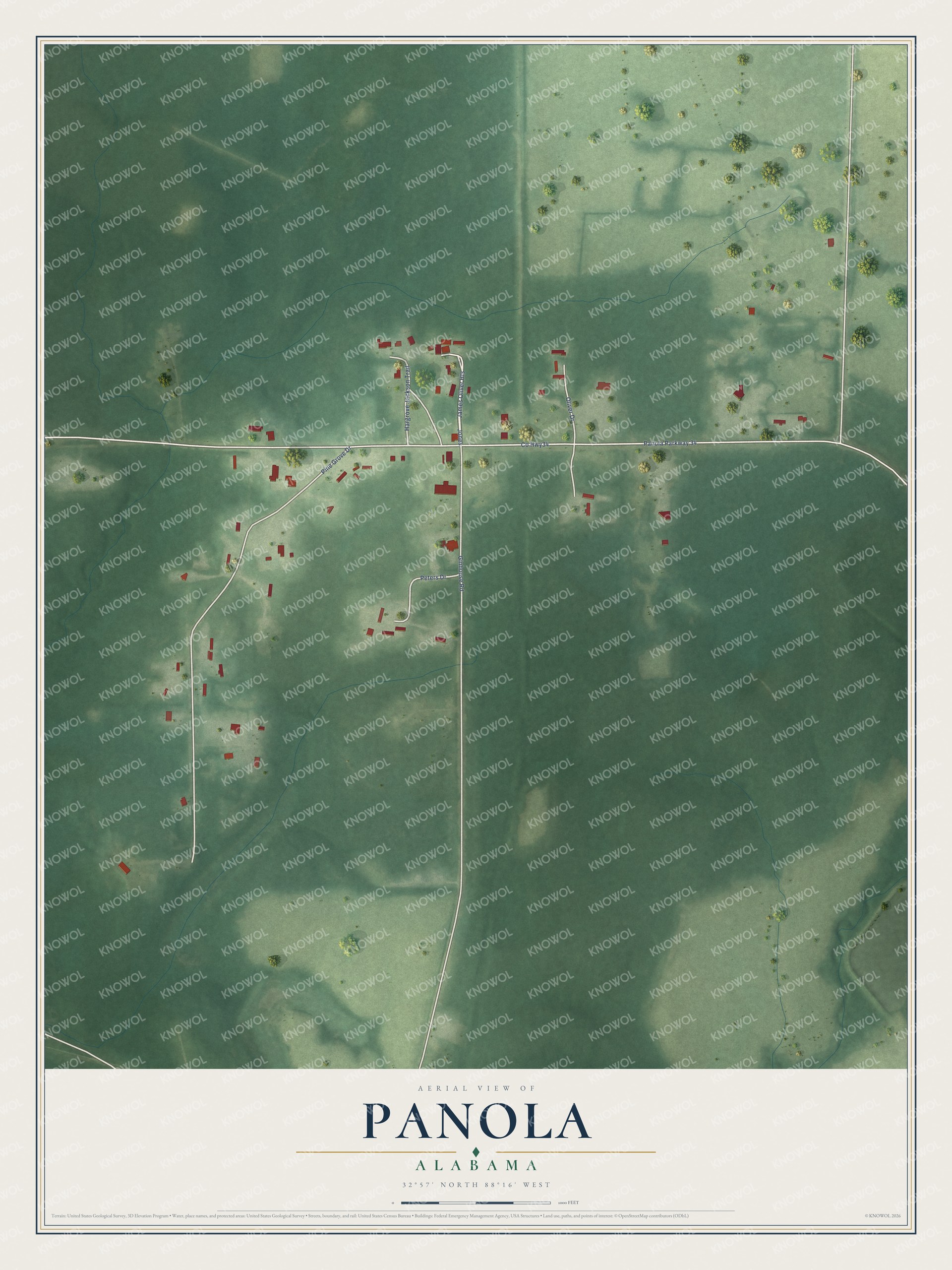 Full map of Panola, Alabama, with red buildings, printed street names and the land around them