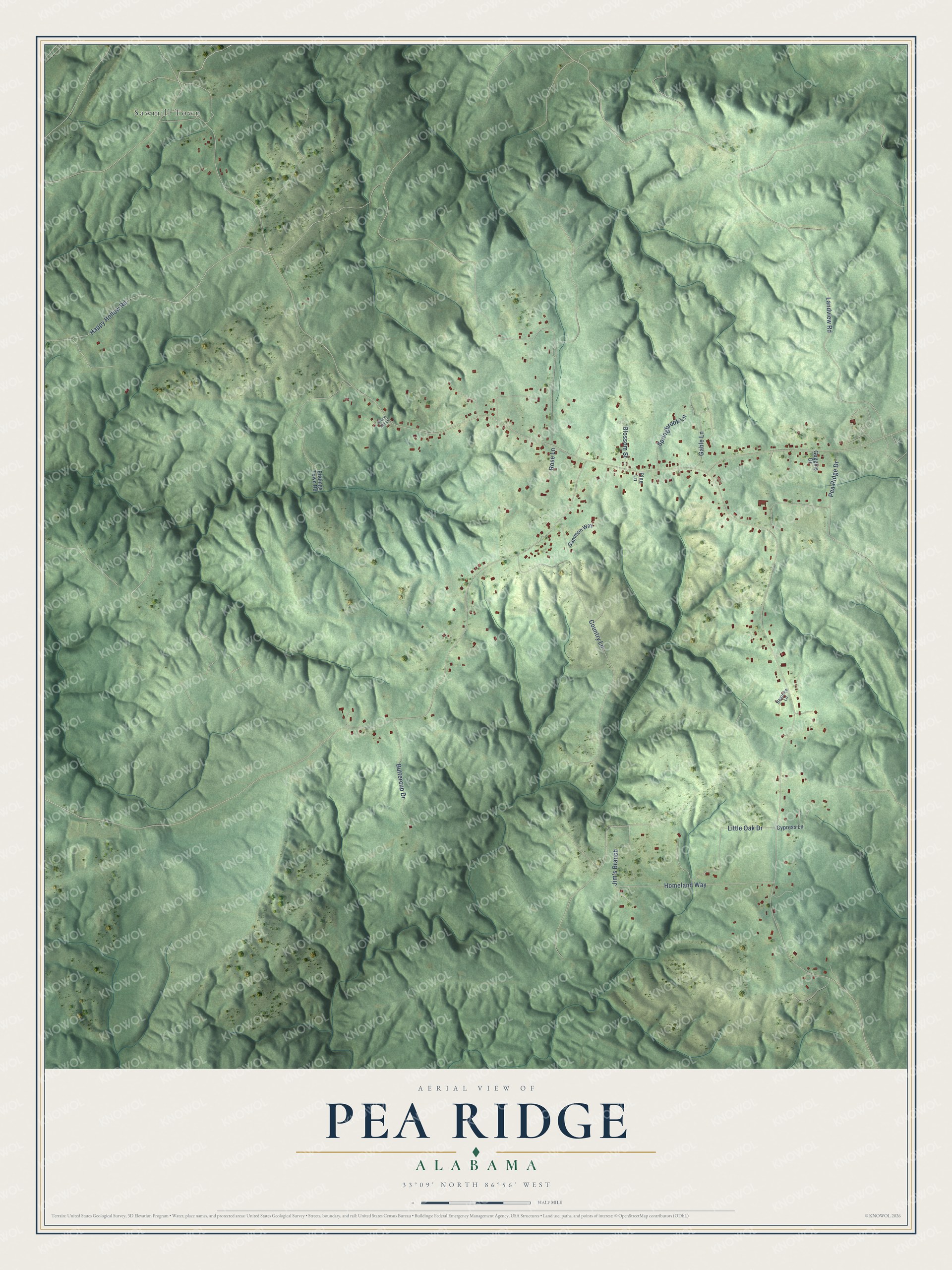 Full map of Pea Ridge, Alabama, with red buildings, printed street names and the land around them