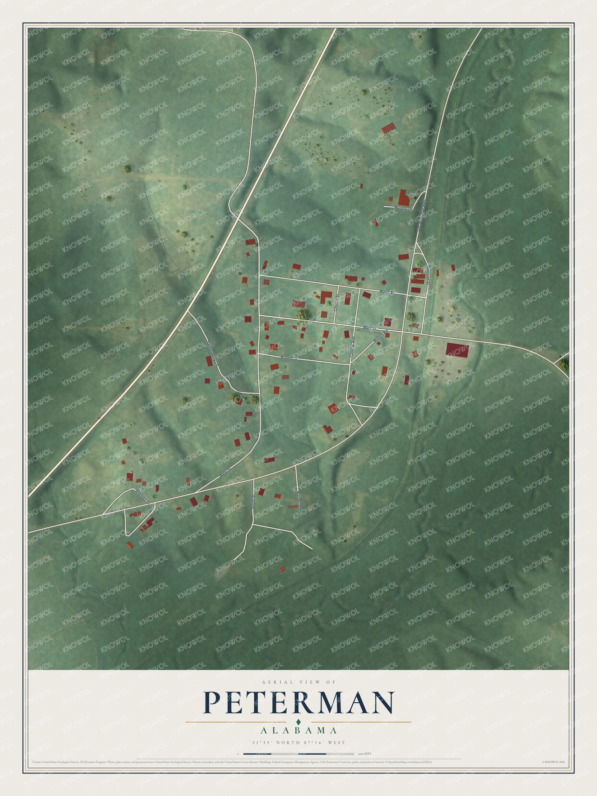 Full map of Peterman, Alabama, with red buildings, printed street names and the land around them