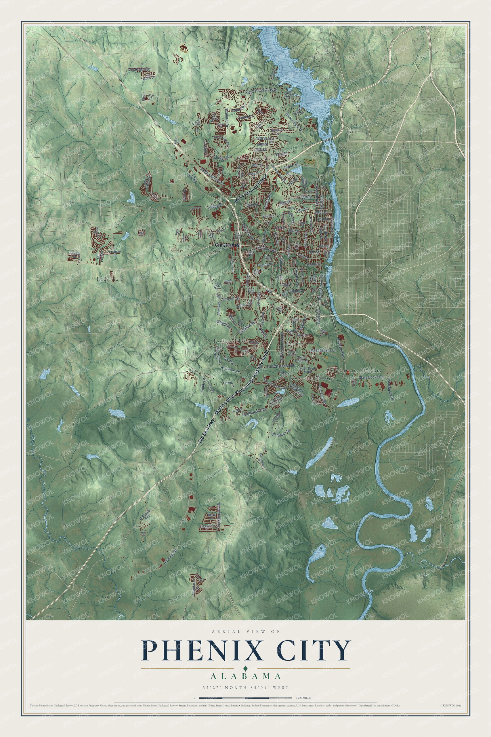 Full map of Phenix City, Alabama, with red buildings, printed street names and the land around them