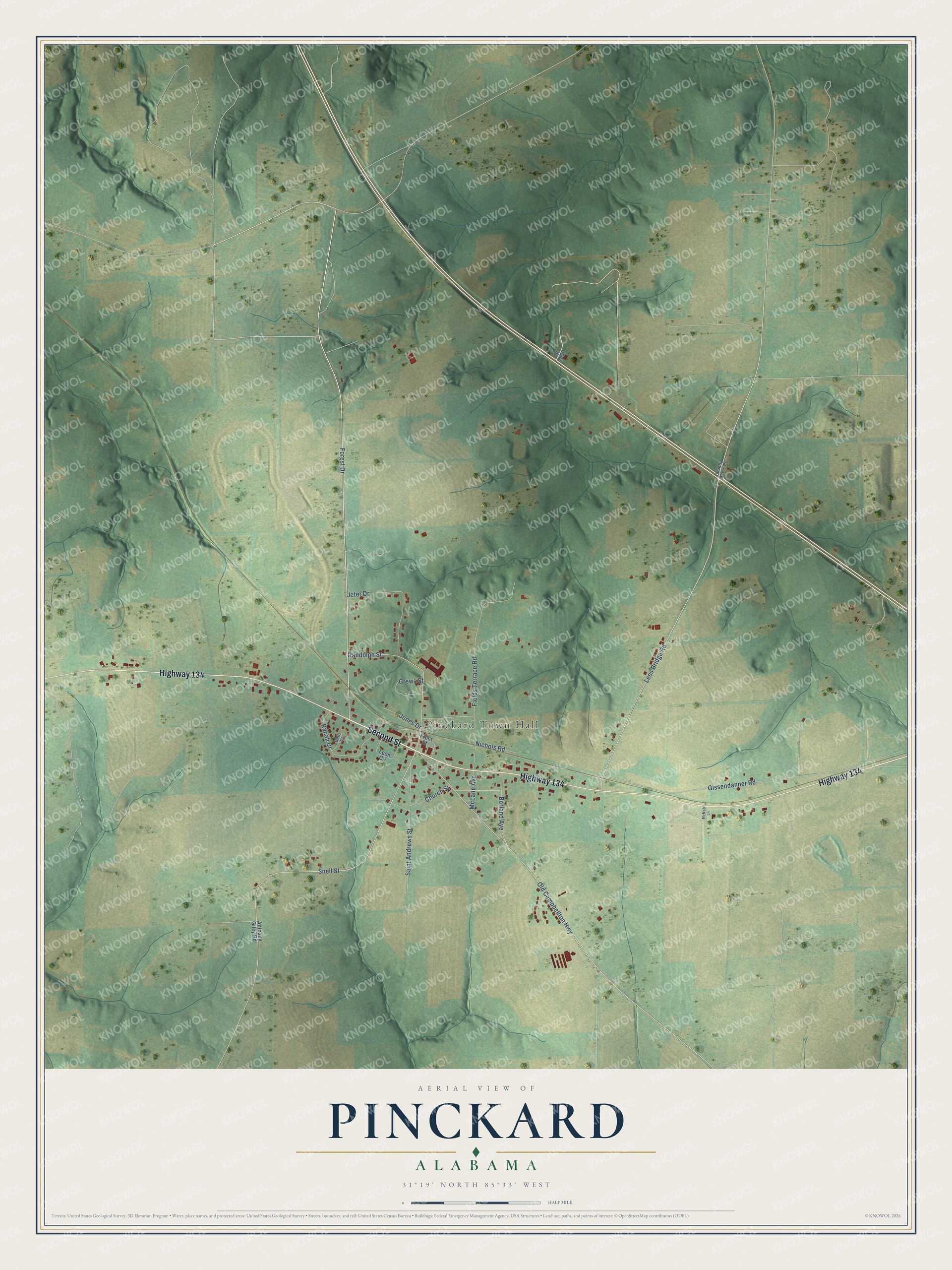 Full map of Pinckard, Alabama, with red buildings, printed street names and the land around them