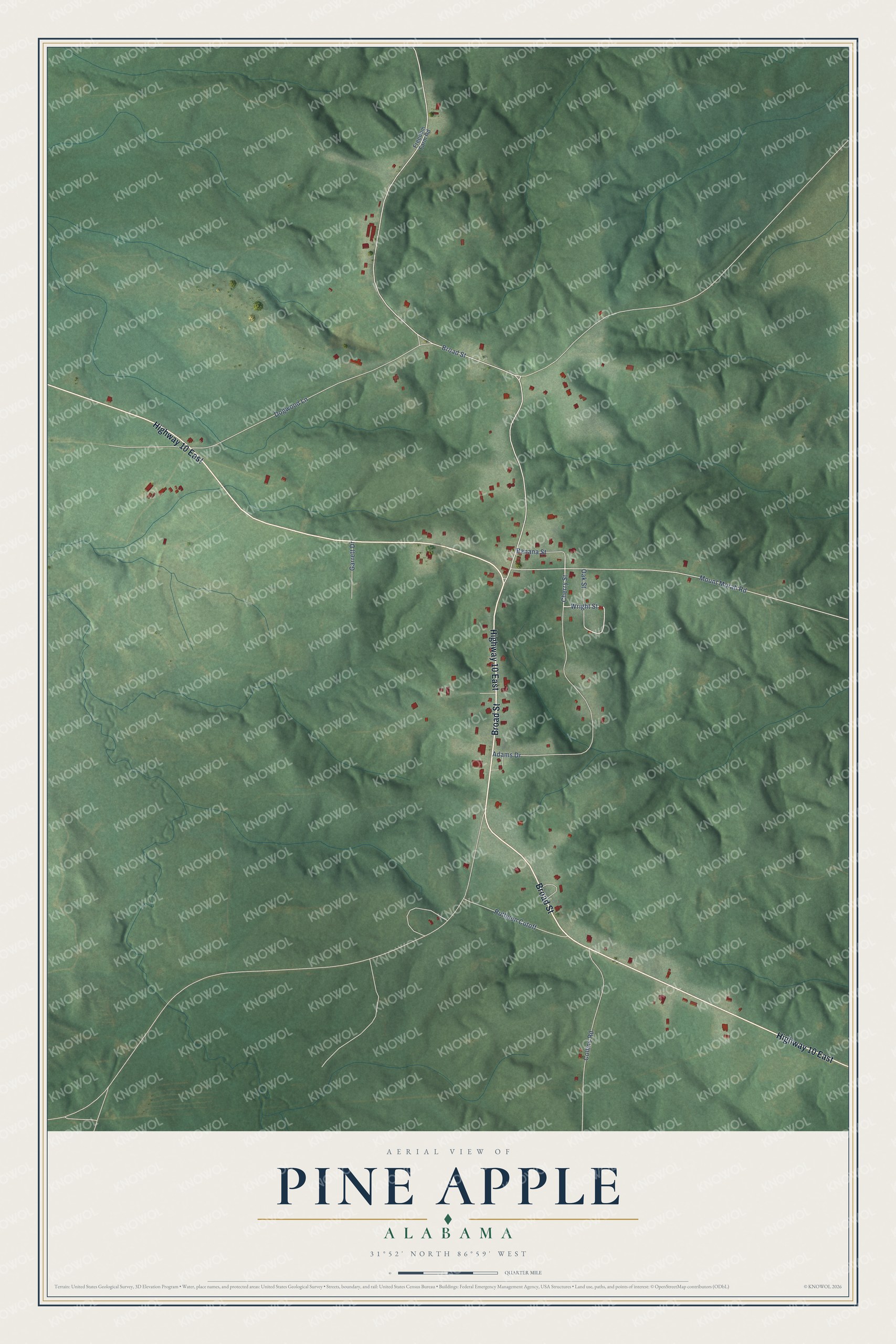 Full map of Pine Apple, Alabama, with red buildings, printed street names and the land around them