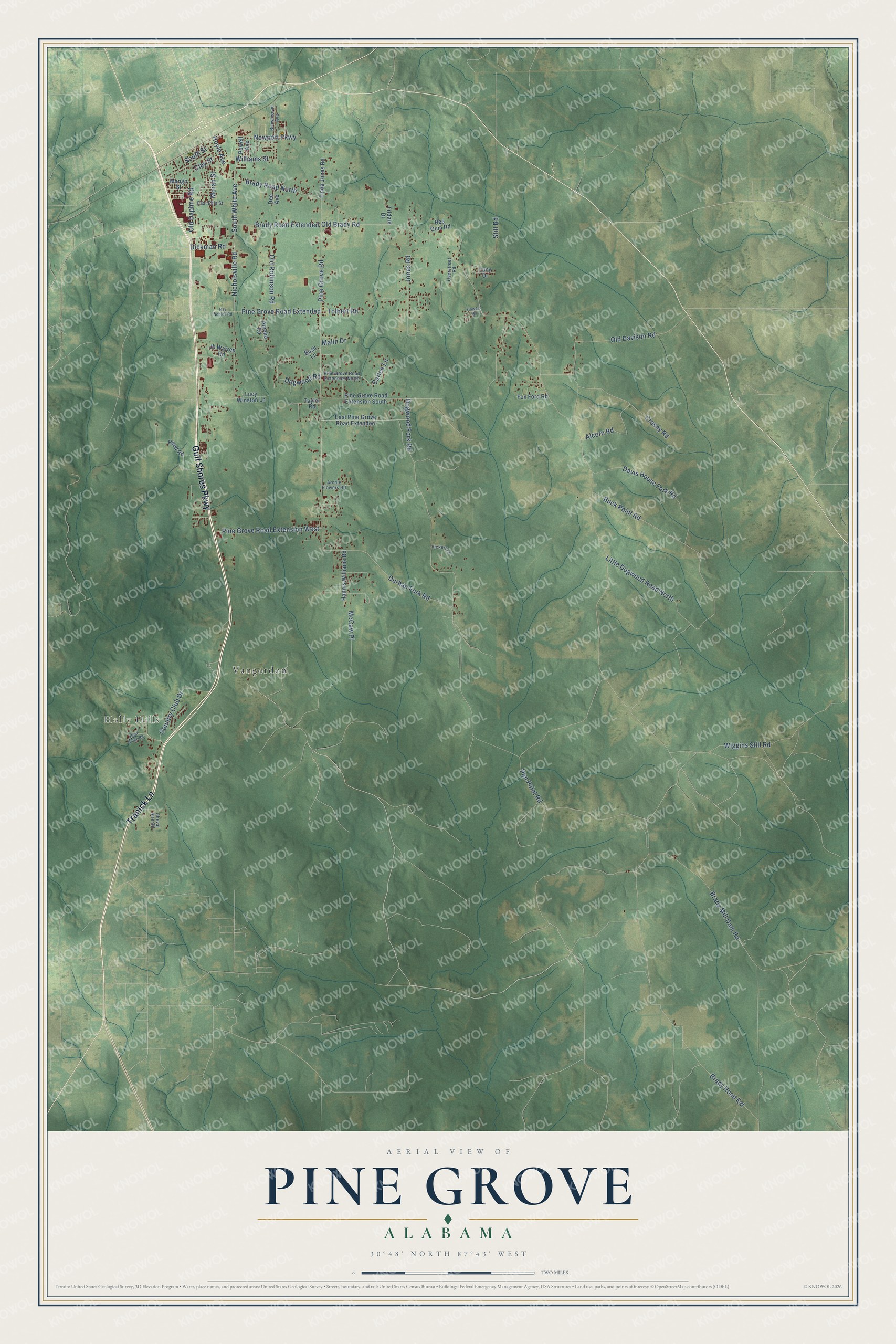 Full map of Pine Grove, Alabama, with red buildings, printed street names and the land around them