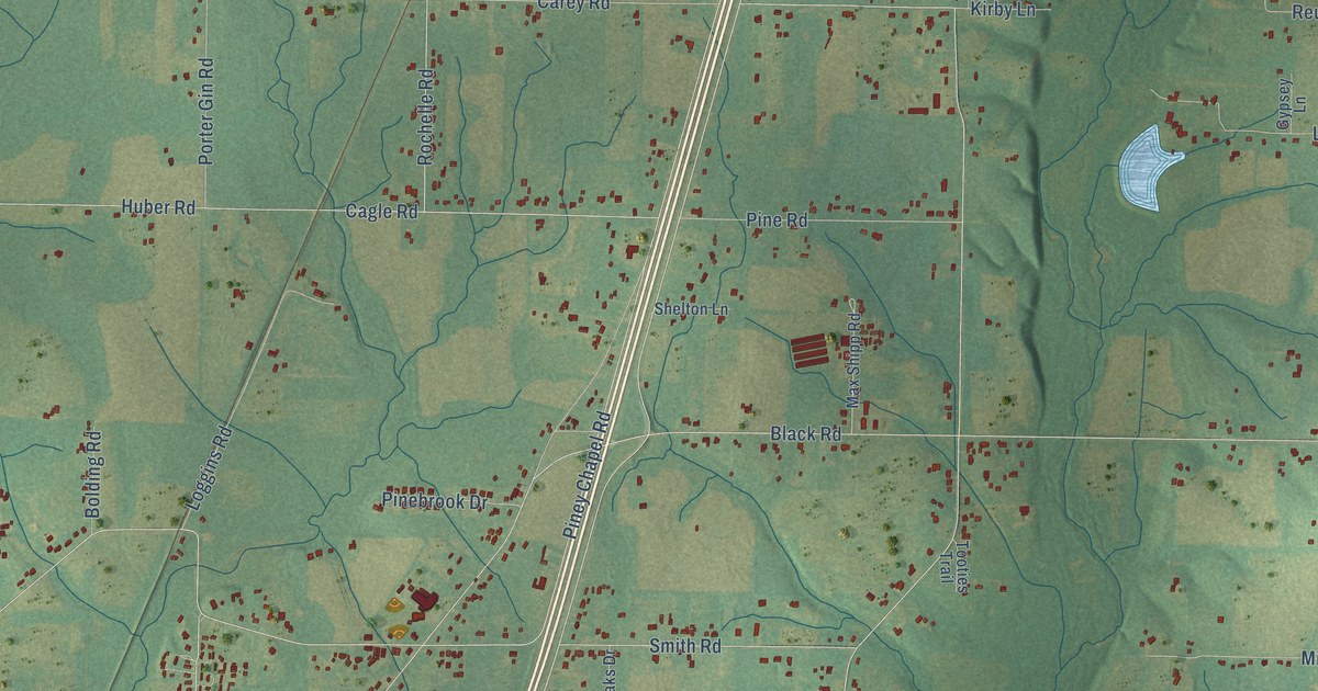 Close-up of streets and buildings in Piney Chapel, Alabama