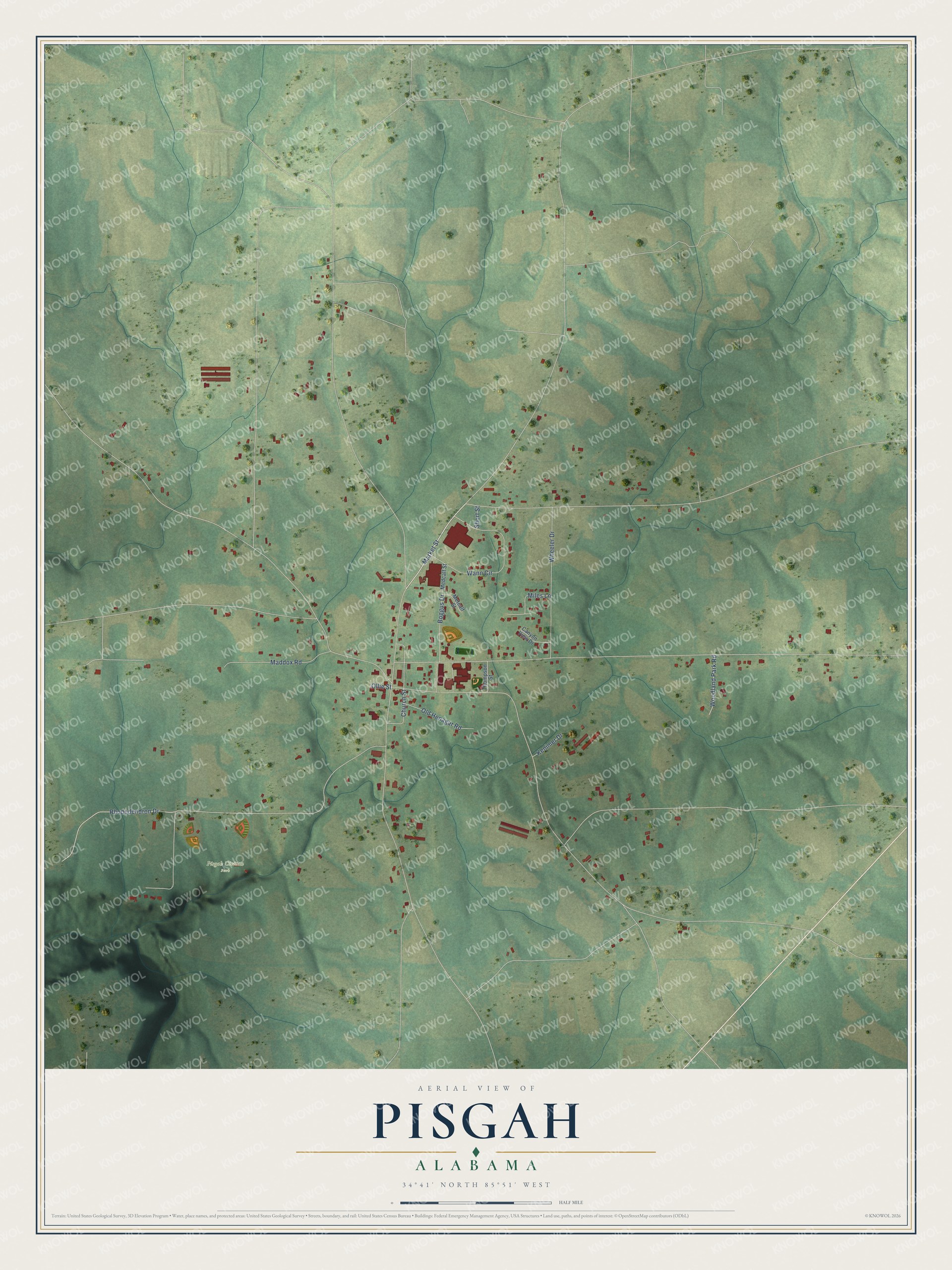 Full map of Pisgah, Alabama, with red buildings, printed street names and the land around them