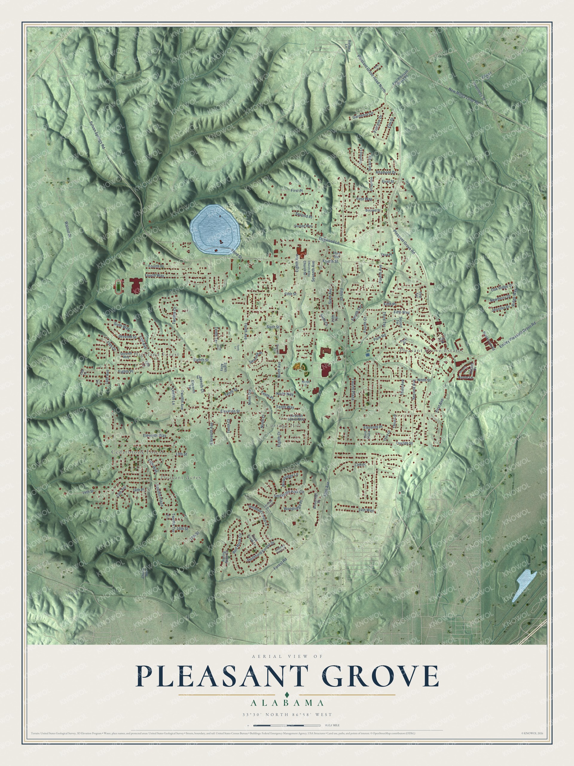 Full map of Pleasant Grove, Alabama, with red buildings, printed street names and the land around them