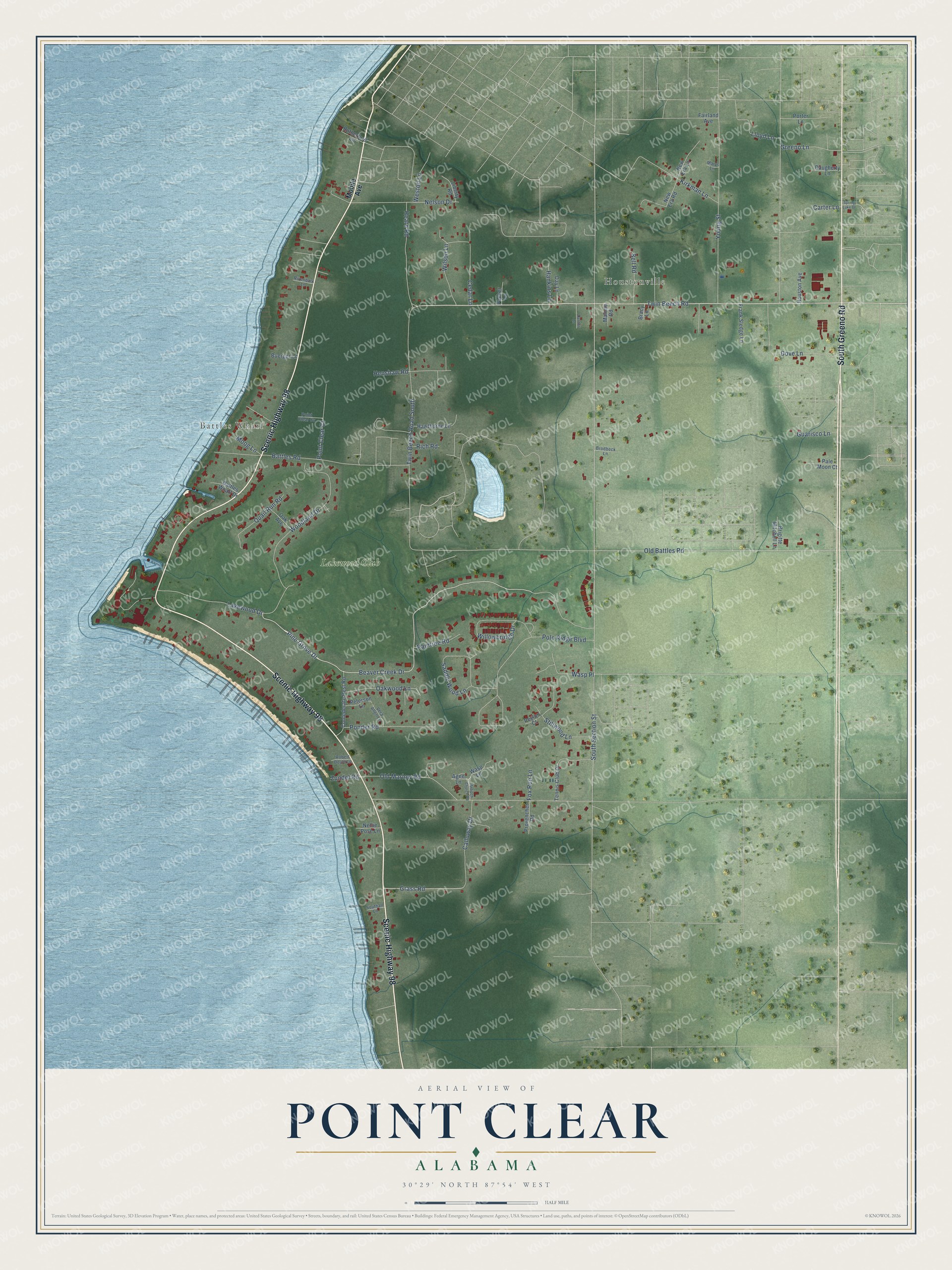 Full map of Point Clear, Alabama, with red buildings, printed street names and the land around them