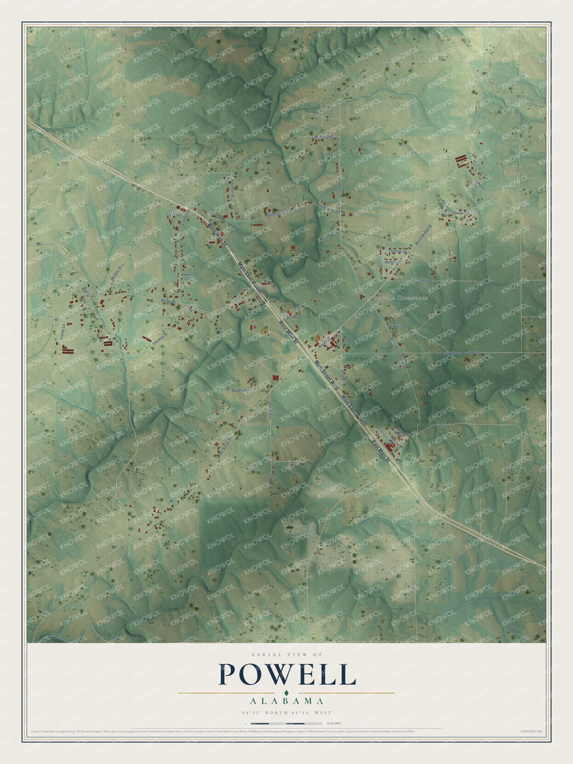 Watermarked full-map preview of Powell, Alabama