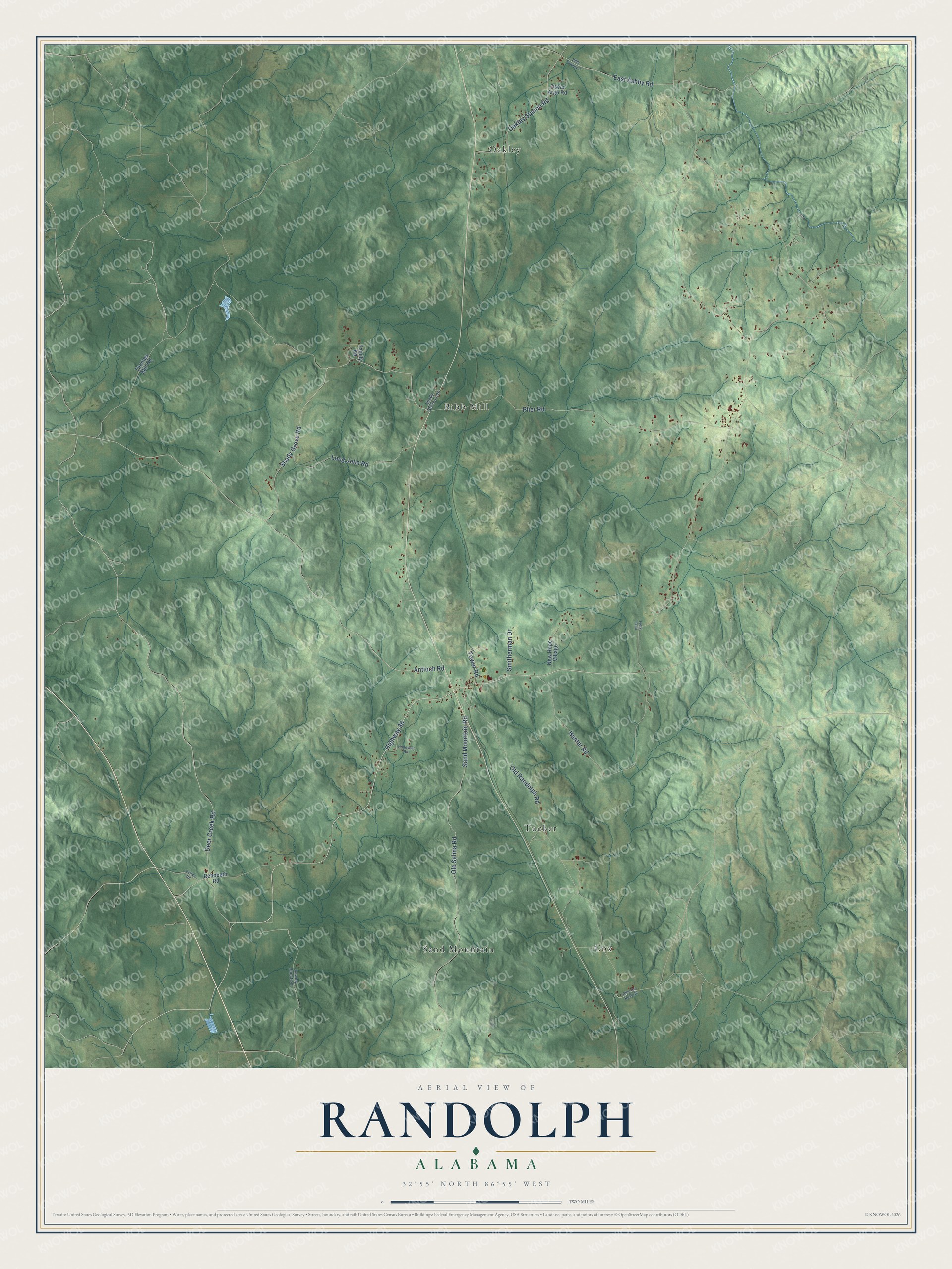 Full map of Randolph, Alabama, with red buildings, printed street names and the land around them