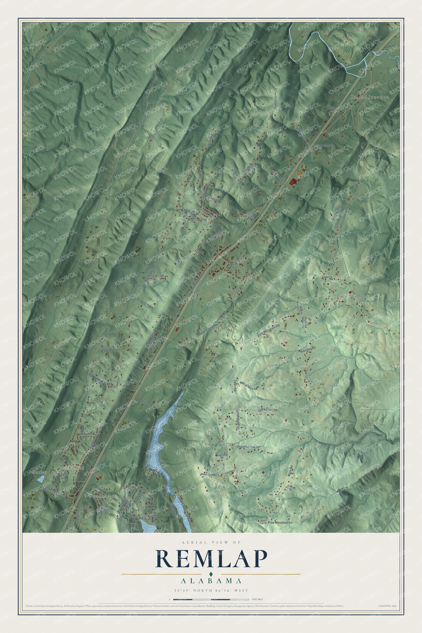 Full map of Remlap, Alabama, with red buildings, printed street names and the land around them