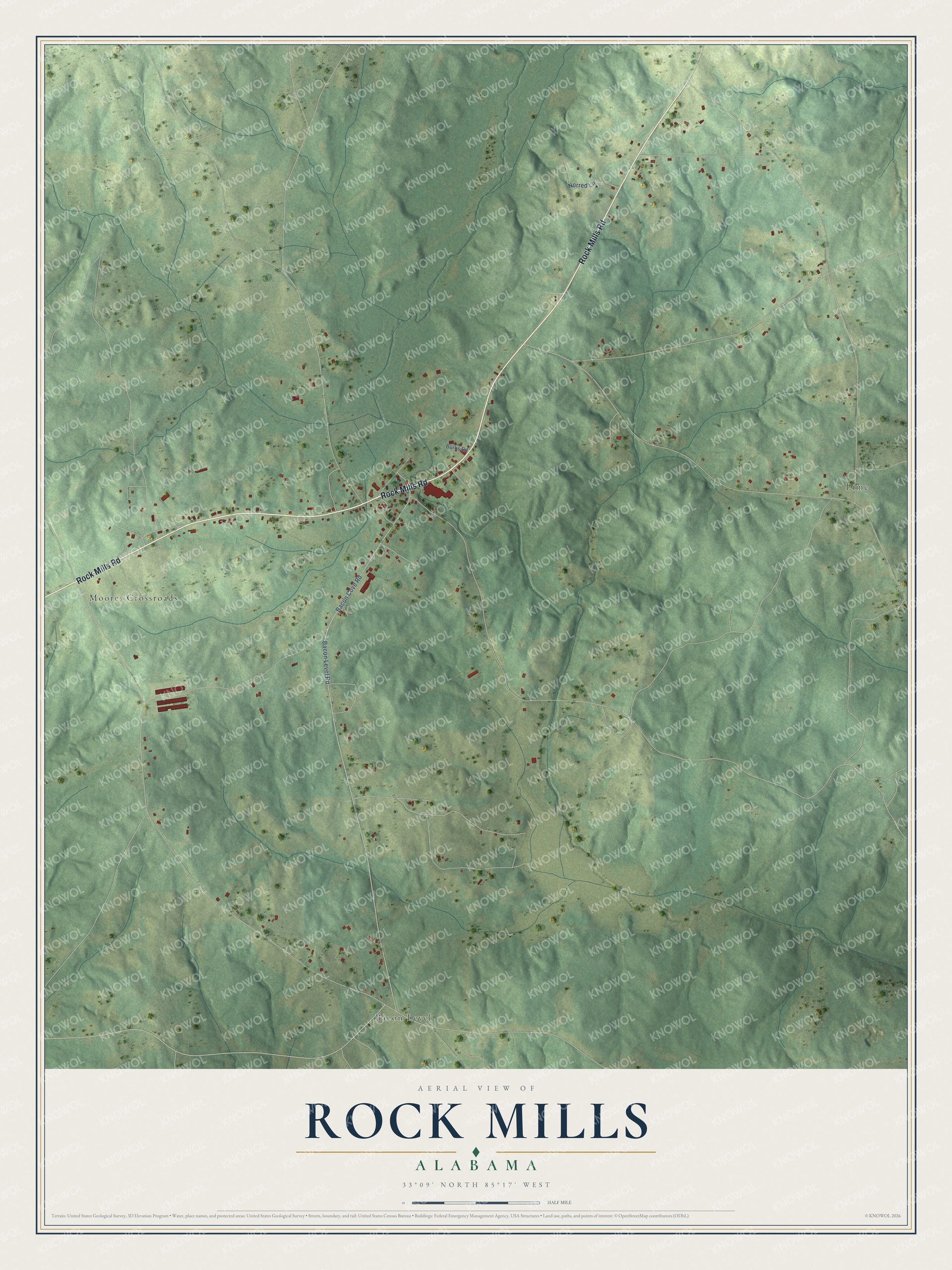 Full map of Rock Mills, Alabama, with red buildings, printed street names and the land around them