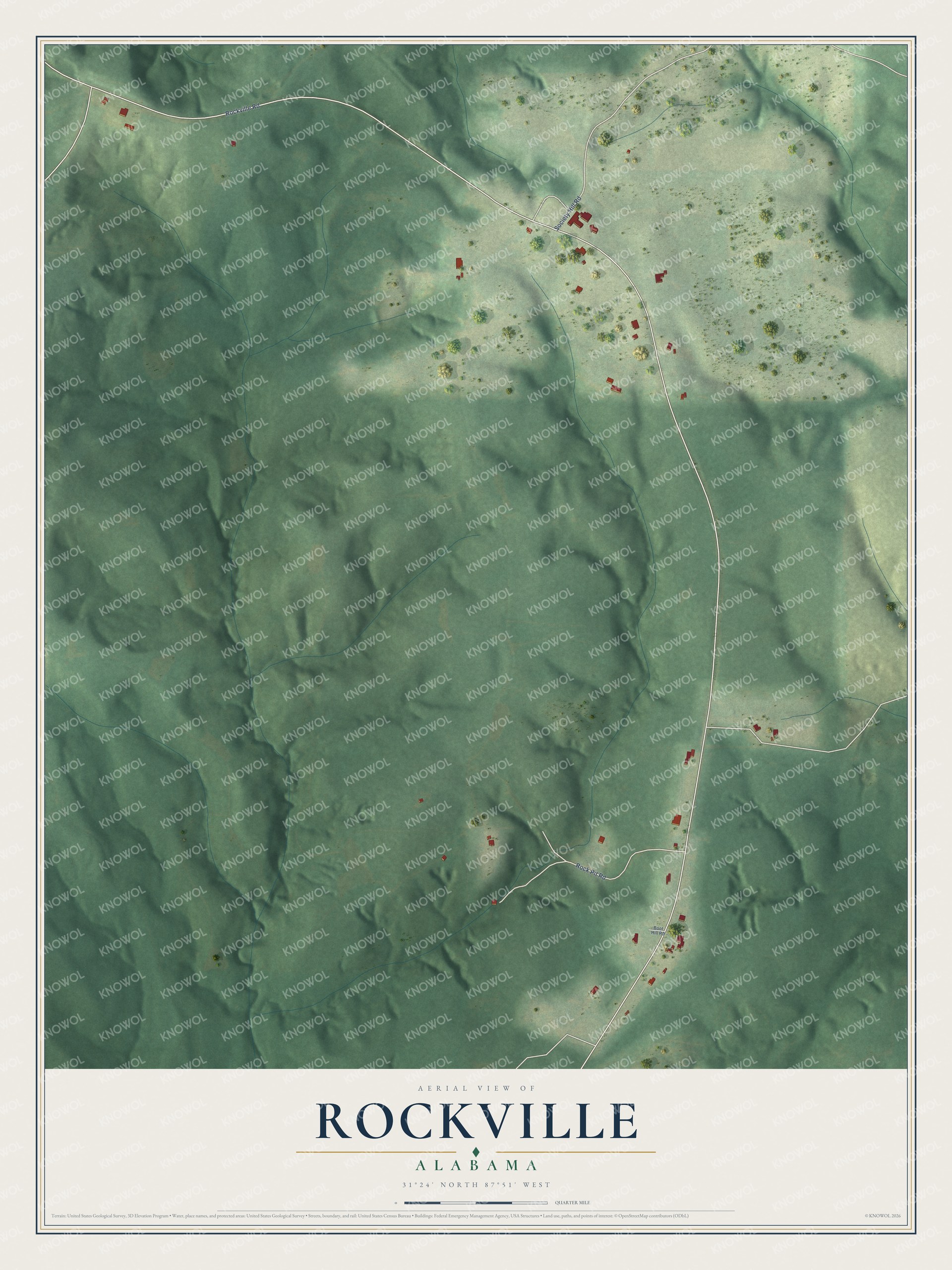 Full map of Rockville, Alabama, with red buildings, printed street names and the land around them