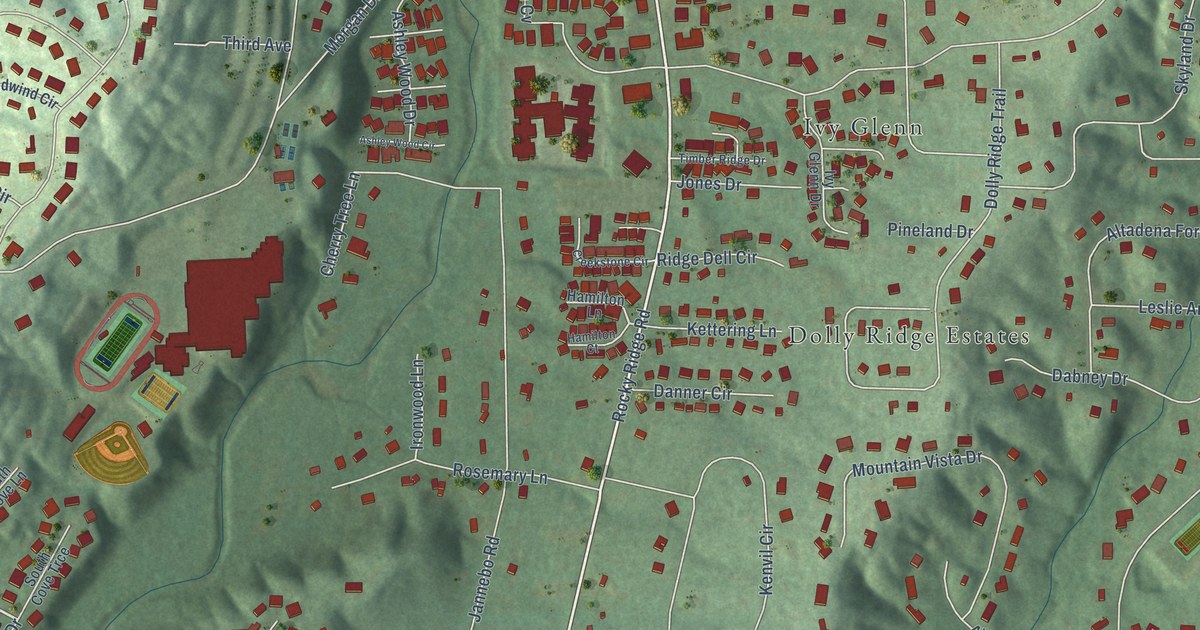 Close-up of streets and buildings in Rocky Ridge, Alabama