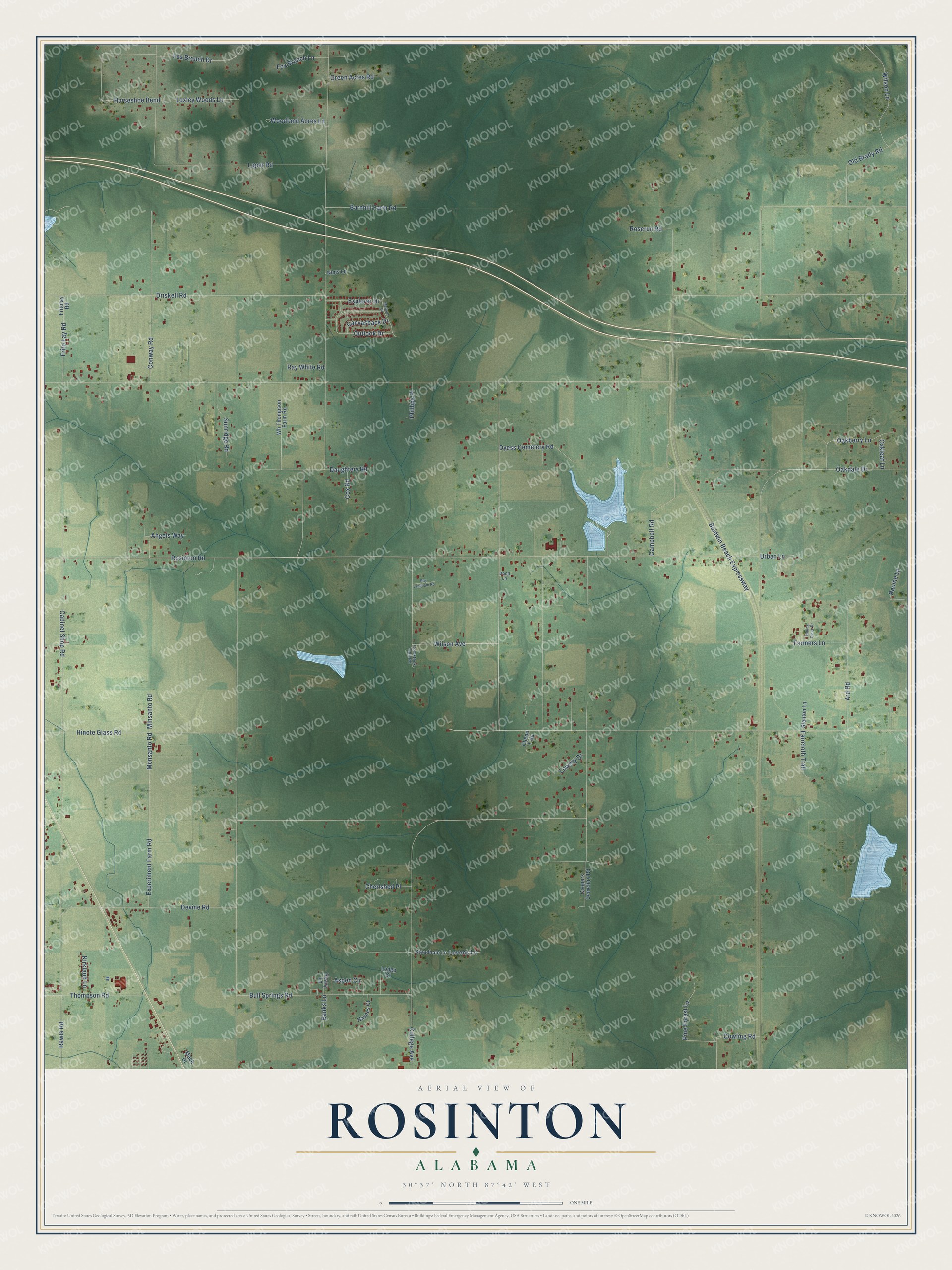 Full map of Rosinton, Alabama, with red buildings, printed street names and the land around them