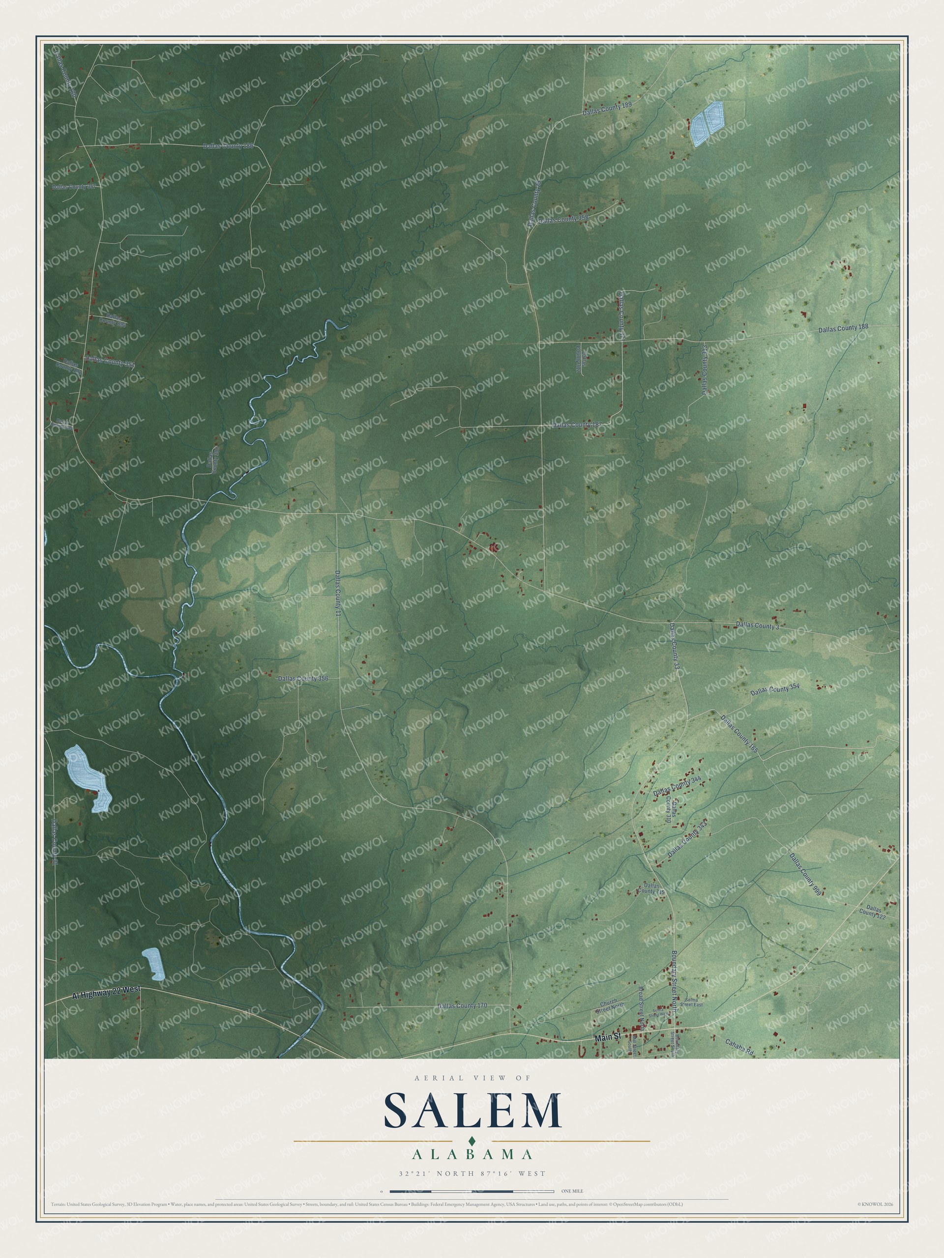 Full map of Salem, Alabama, with red buildings, printed street names and the land around them