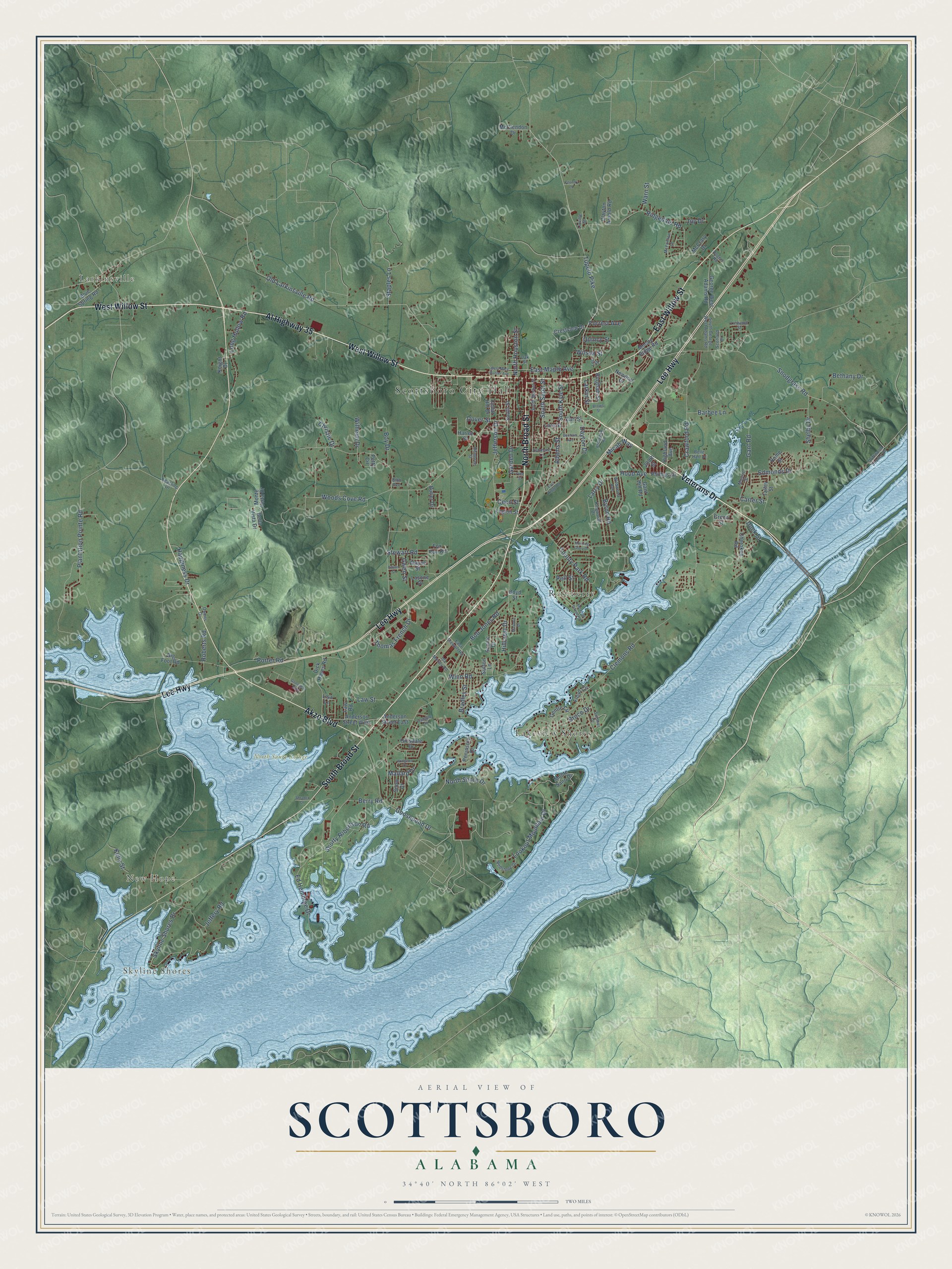 Watermarked full-map preview of Scottsboro, Alabama