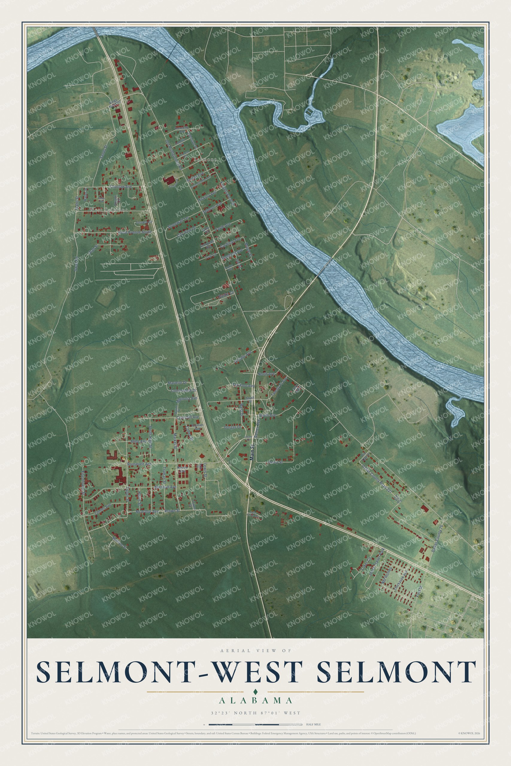 Full map of Selmont-West Selmont, Alabama, with red buildings, printed street names and the land around them