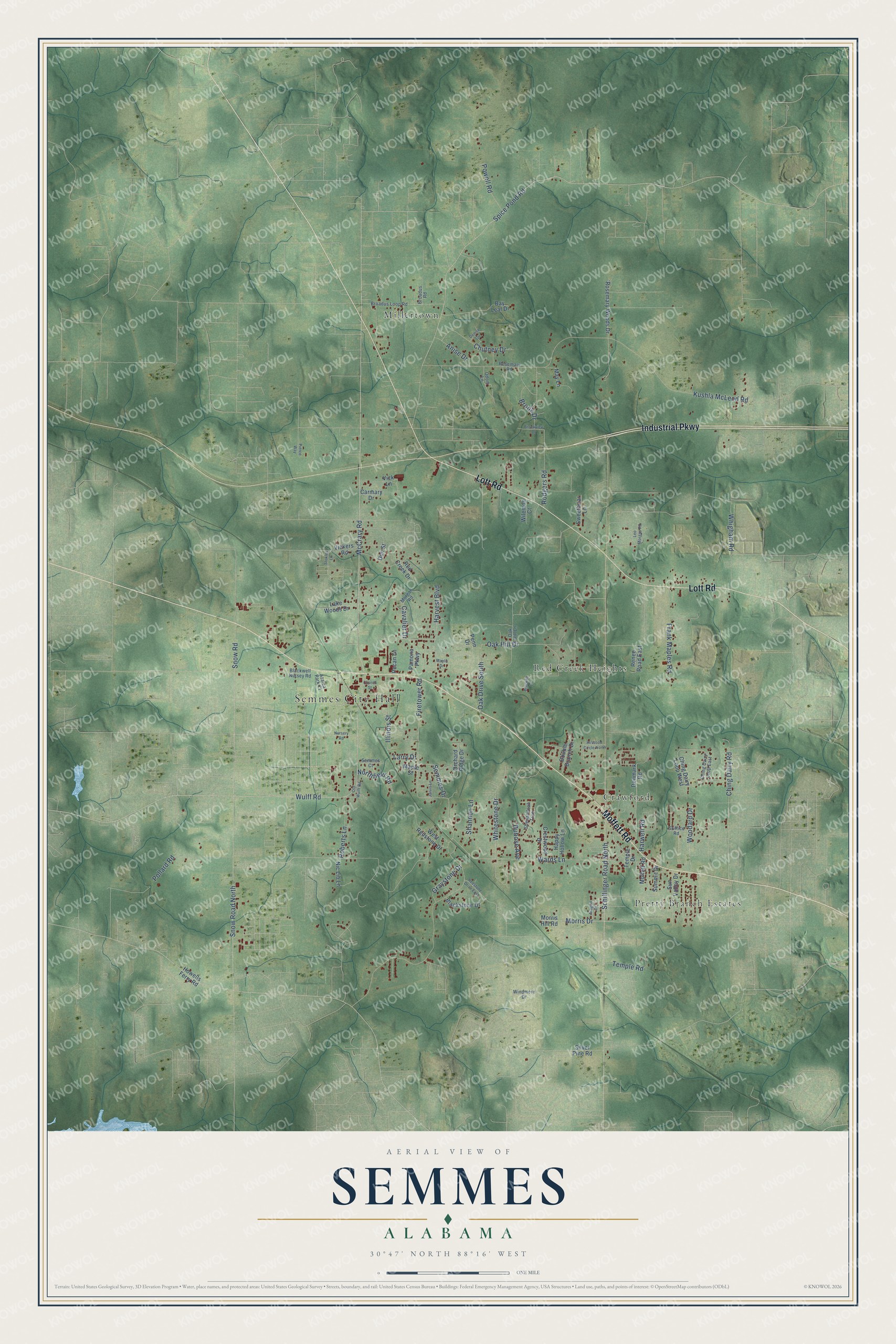 Full map of Semmes, Alabama, with red buildings, printed street names and the land around them