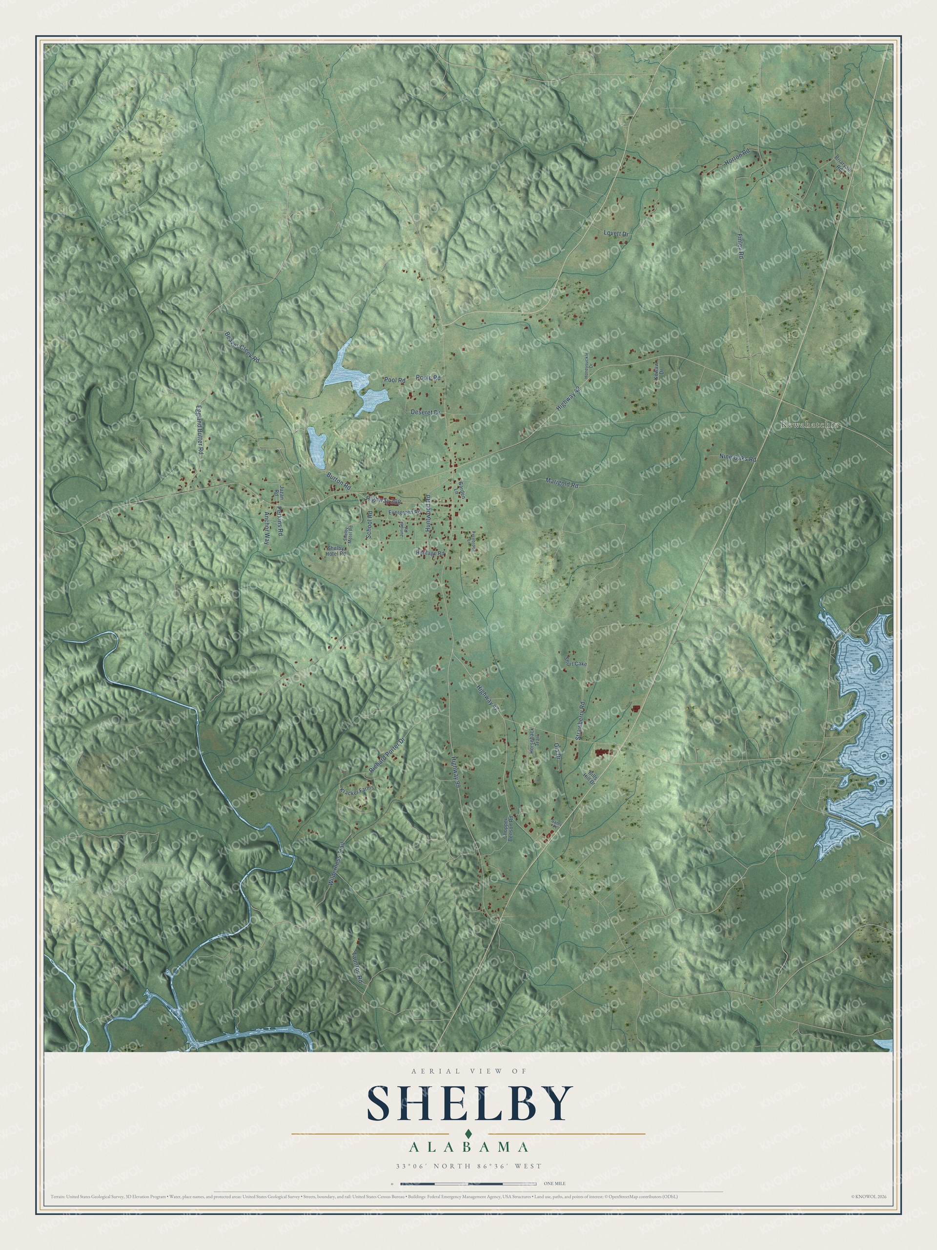 Full map of Shelby, Alabama, with red buildings, printed street names and the land around them