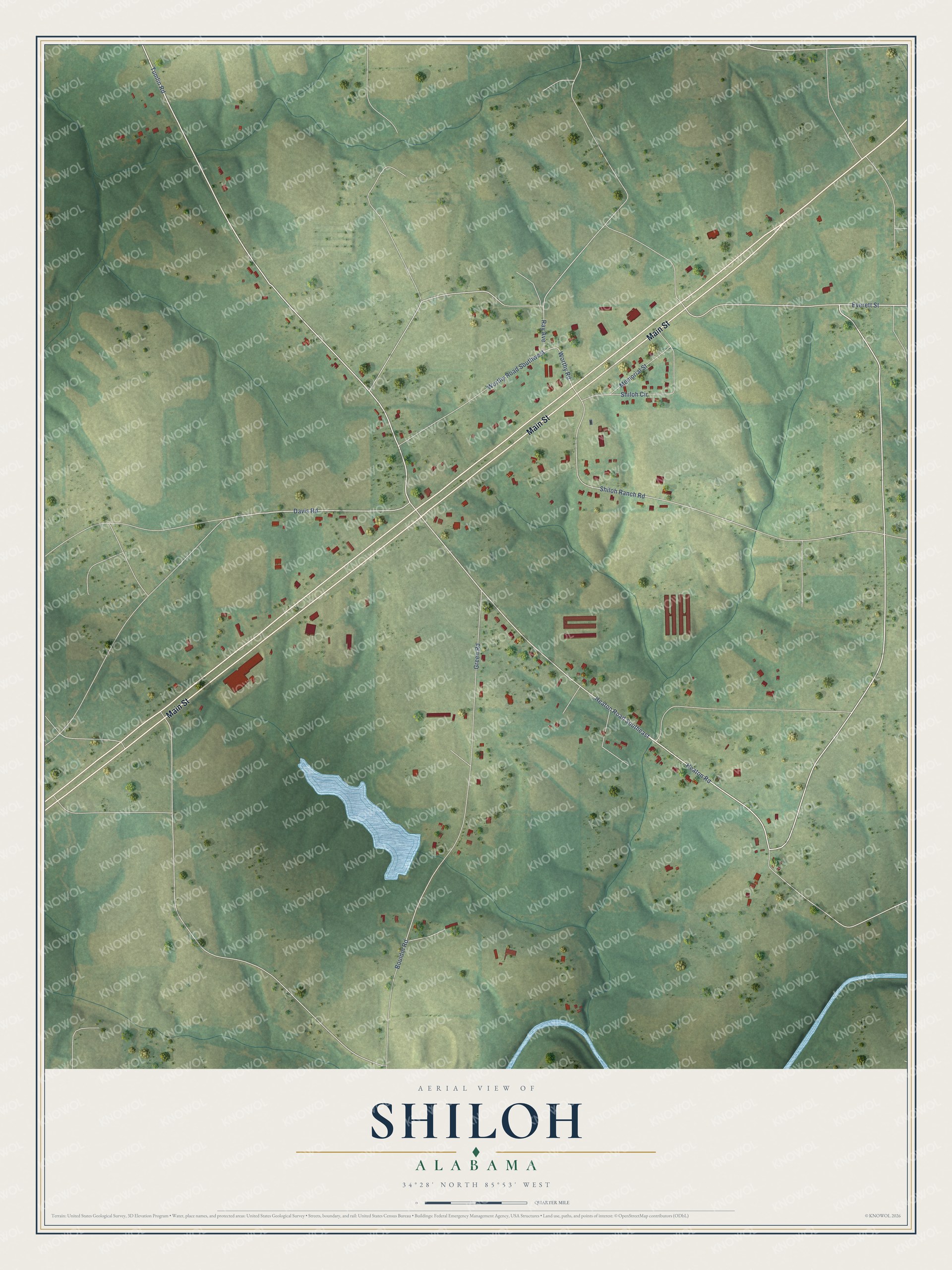 Full map of Shiloh, Alabama, with red buildings, printed street names and the land around them