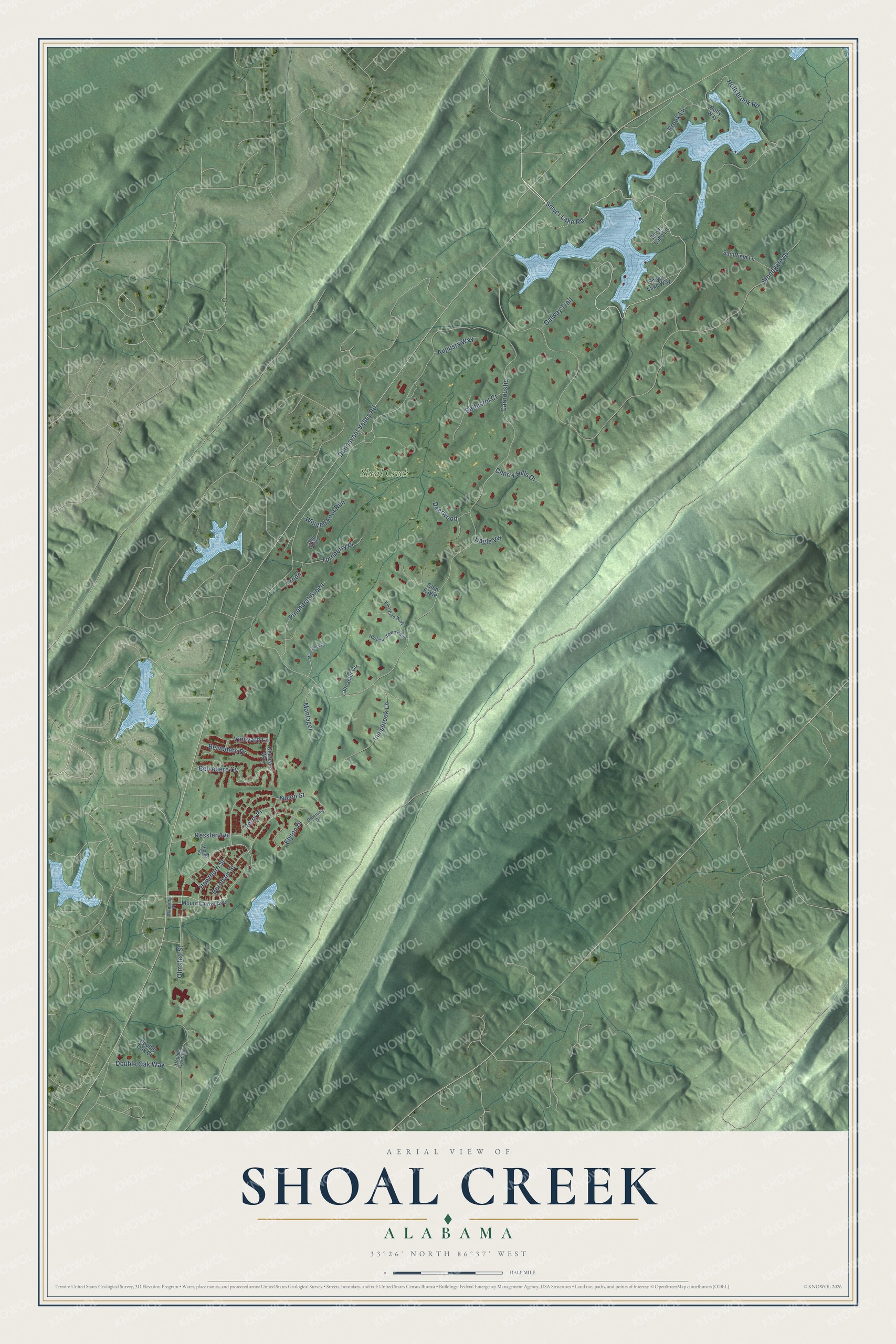 Full map of Shoal Creek, Alabama, with red buildings, printed street names and the land around them