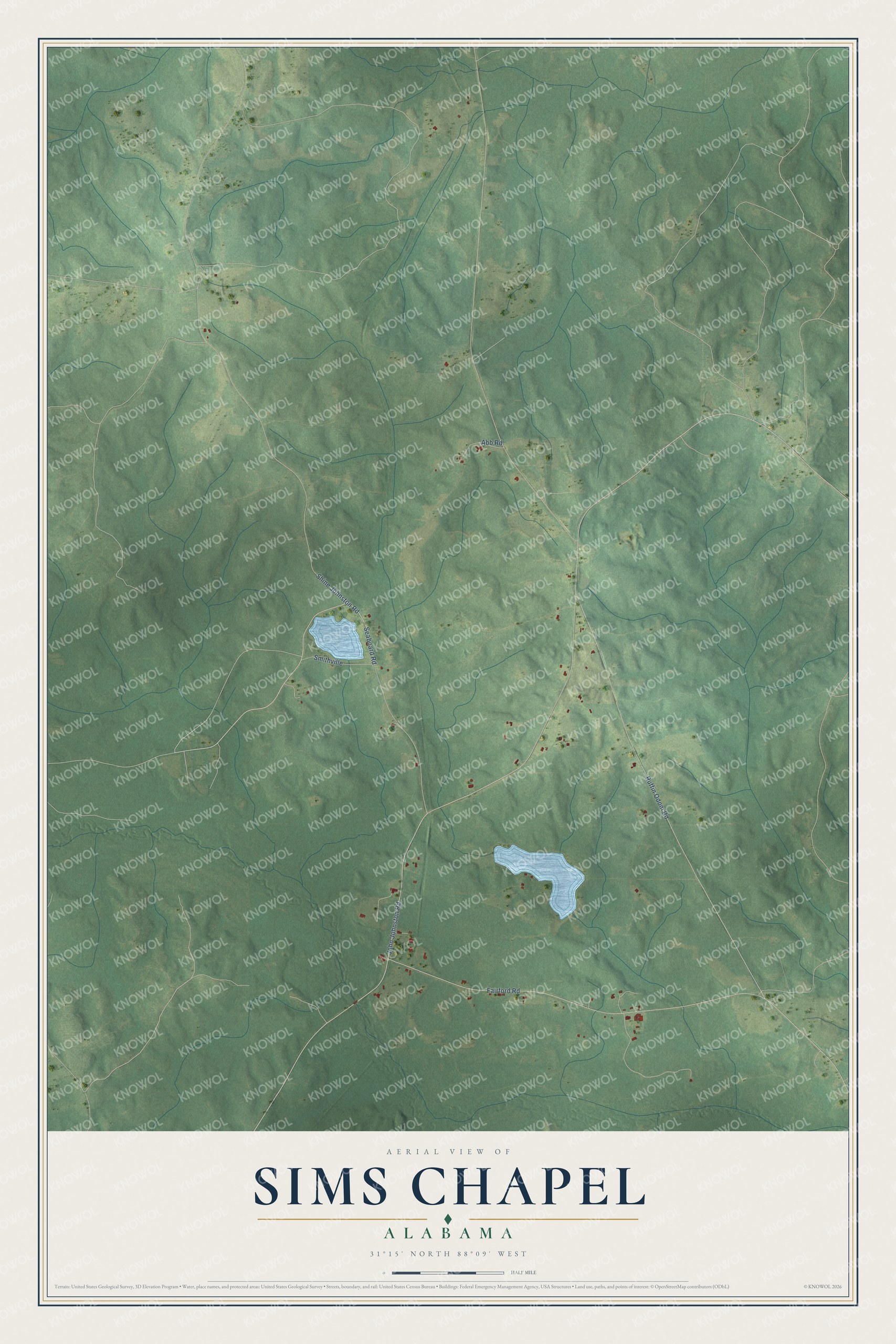 Full map of Sims Chapel, Alabama, with red buildings, printed street names and the land around them