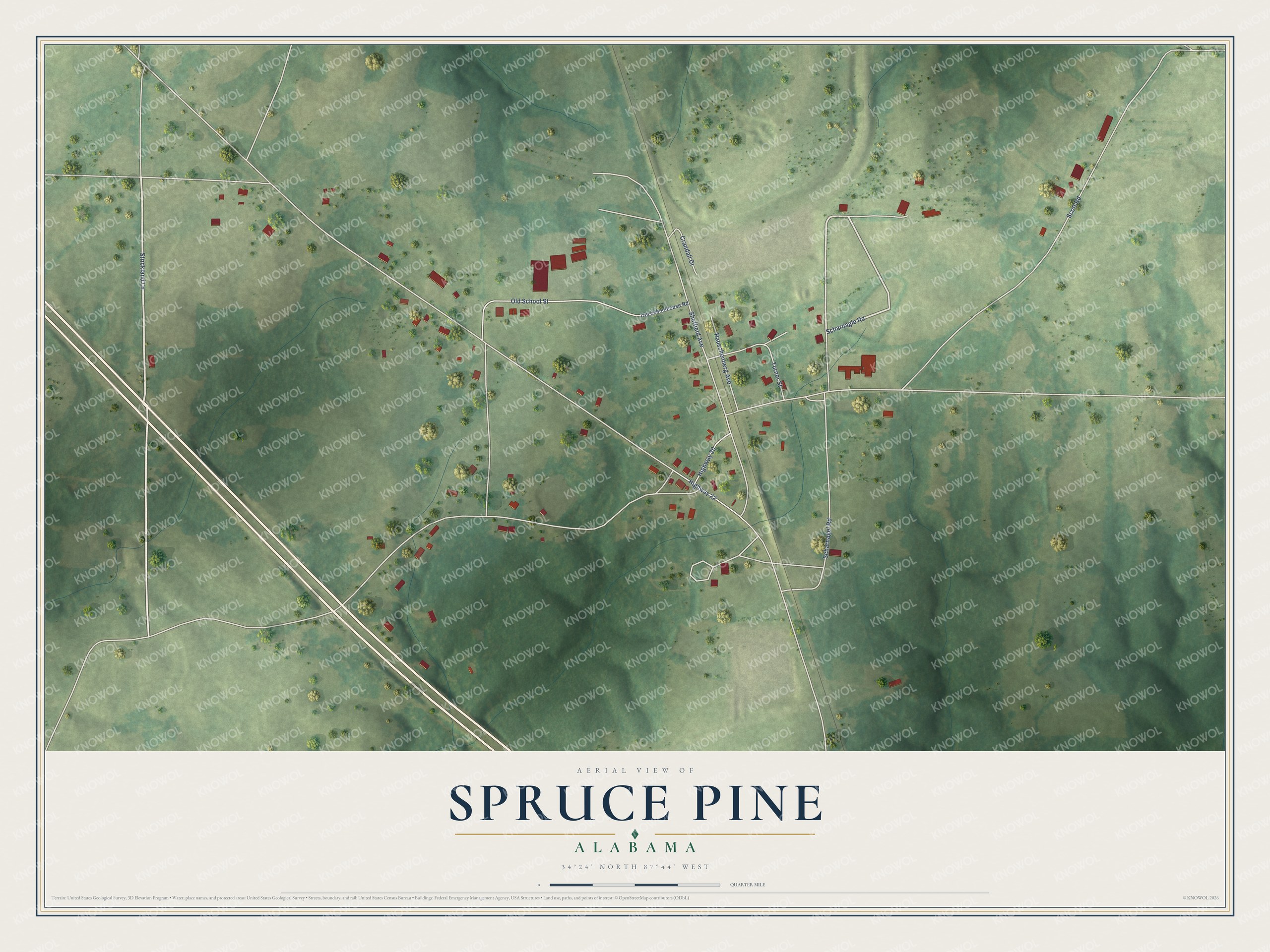 Full map of Spruce Pine, Alabama, with red buildings, printed street names and the land around them