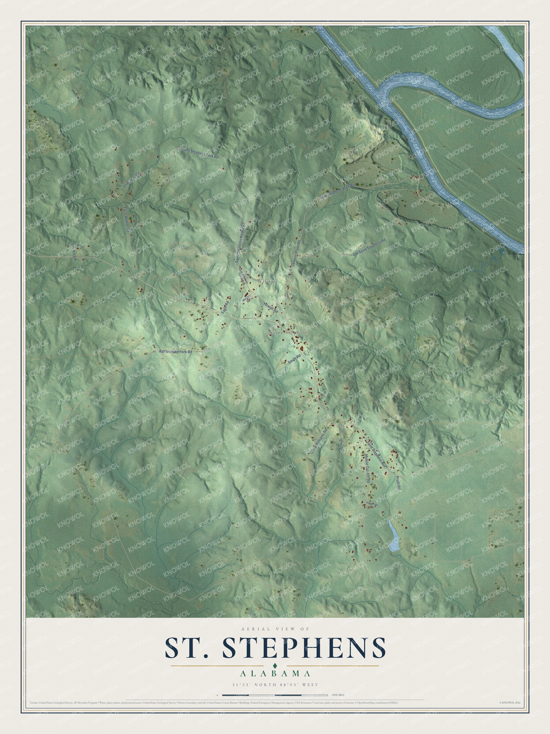 Full map of St. Stephens, Alabama, with red buildings, printed street names and the land around them