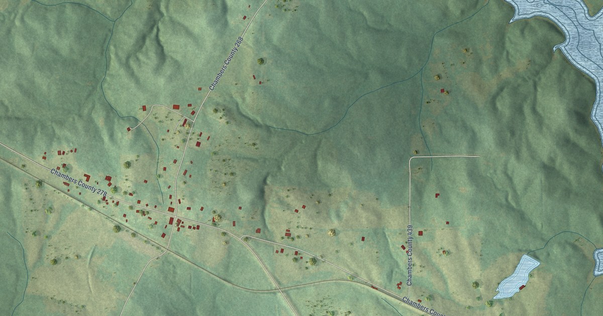 Close-up of streets and buildings in Standing Rock, Alabama