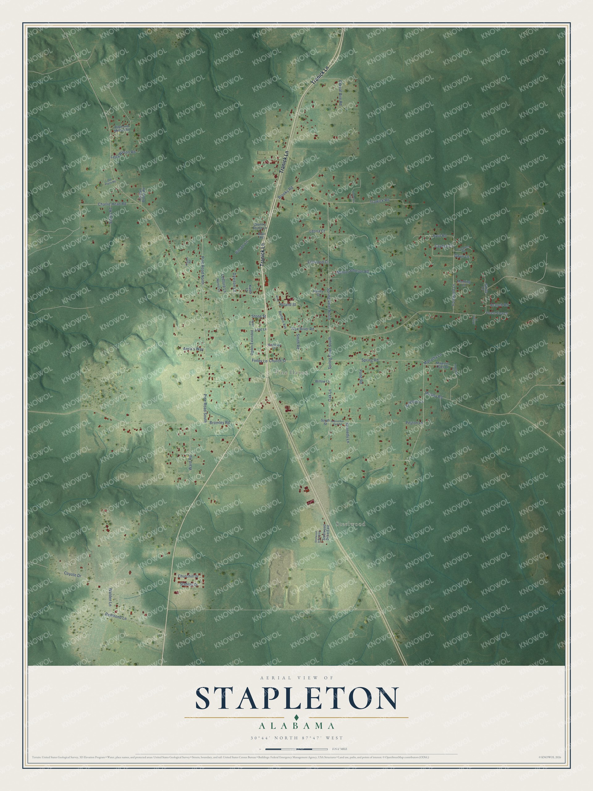 Full map of Stapleton, Alabama, with red buildings, printed street names and the land around them