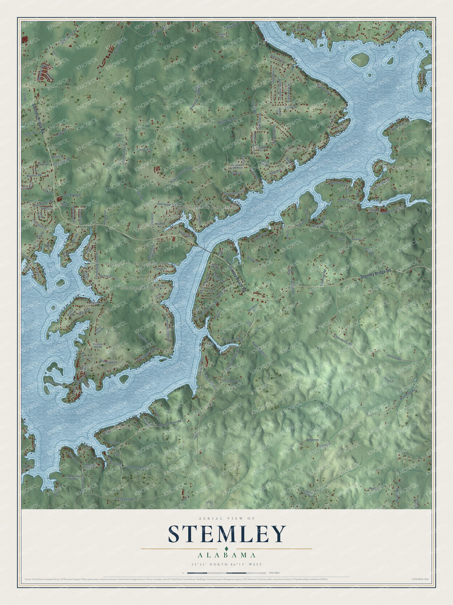 Full map of Stemley, Alabama, with red buildings, printed street names and the land around them