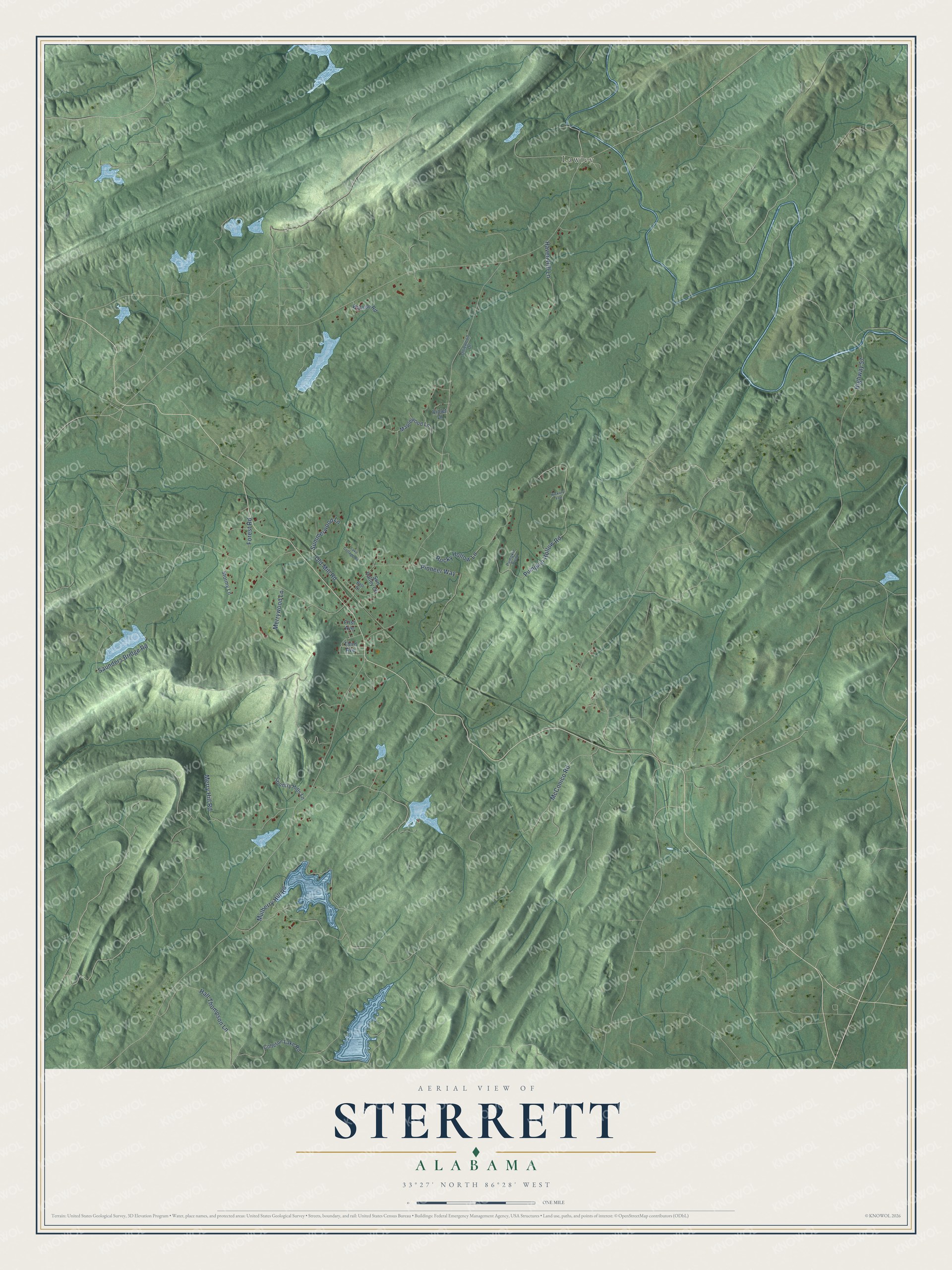 Full map of Sterrett, Alabama, with red buildings, printed street names and the land around them