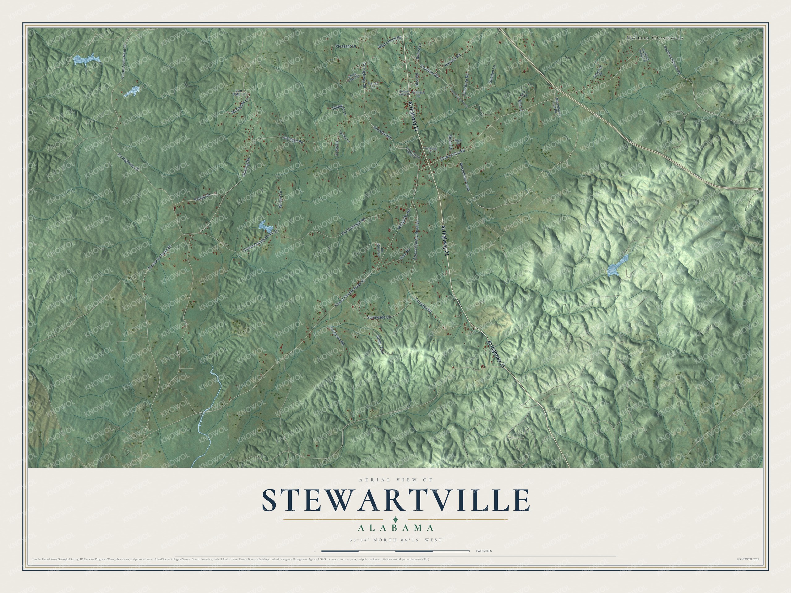 Full map of Stewartville, Alabama, with red buildings, printed street names and the land around them