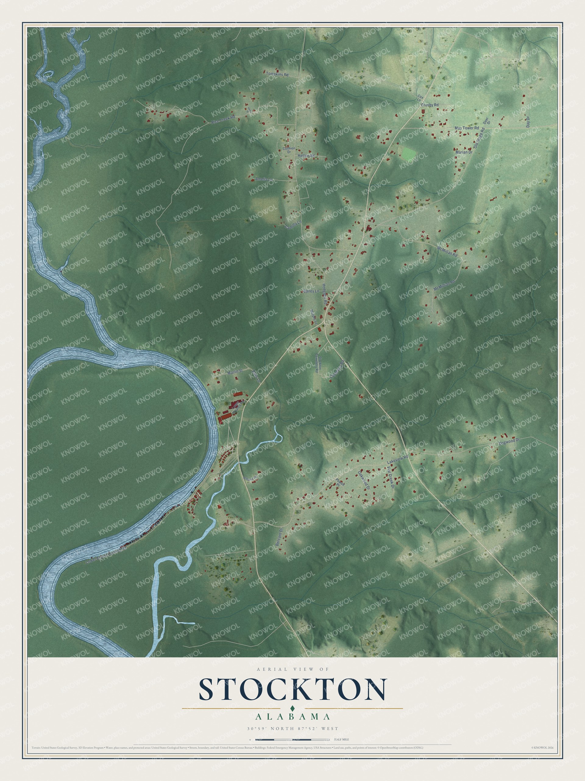 Full map of Stockton, Alabama, with red buildings, printed street names and the land around them