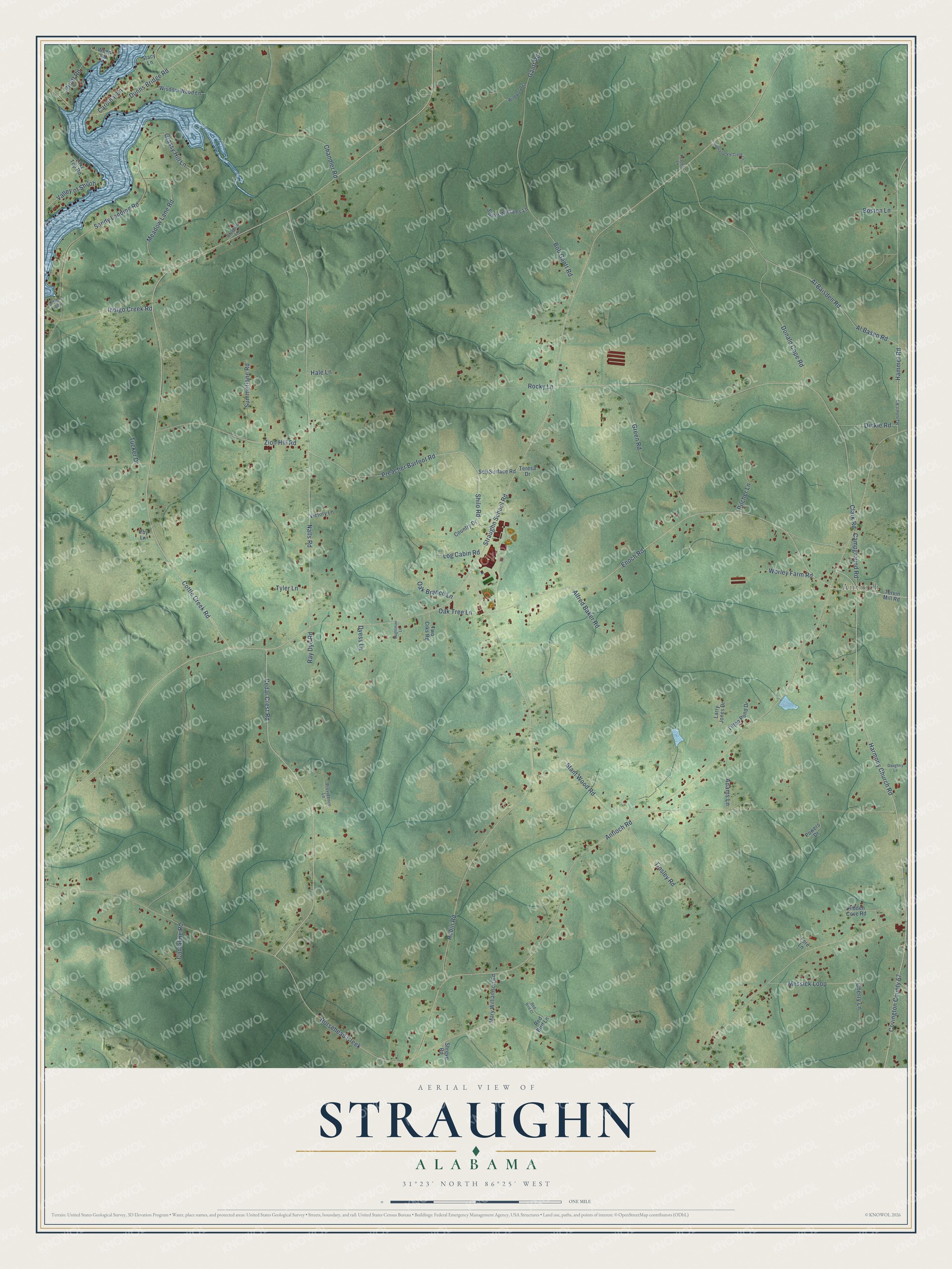Full map of Straughn, Alabama, with red buildings, printed street names and the land around them
